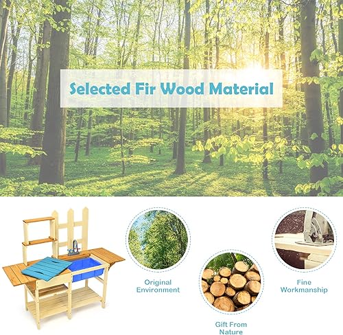 Miniatura 5 de Costzon Cocina de barro para niños al aire libre, cocina de madera con fregadero extraíble, grifo, estantes de almacenamiento, mesa de barro, juego