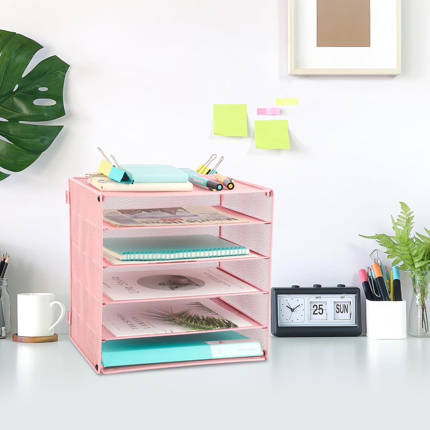 EASEPRES 5 Slot Mesh Desk Organizer Tray, File Paper Letter Folder Holder Desktop Paper Sorter Mail Organization Rack Storage Accessories, for Office Home School Classroom, Pink - Image 6