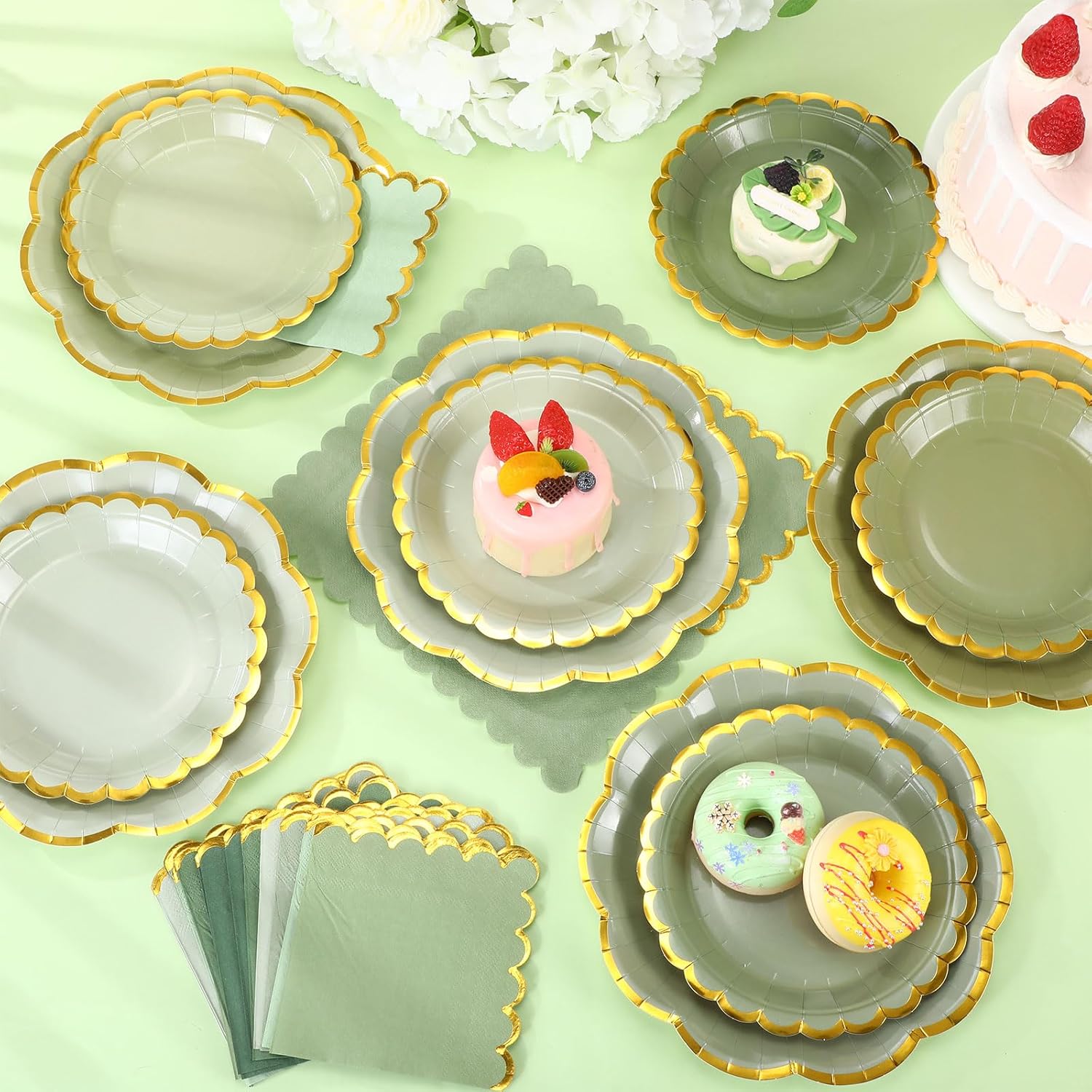 144 Pcs 48 Guests Sage Green Paper Plates and Napkins Green Birthday Party Decorations Disposable Tableware 9 Inch 7 Inch Gradient Scalloped Edge Plates for Baby Shower Wedding Bridal