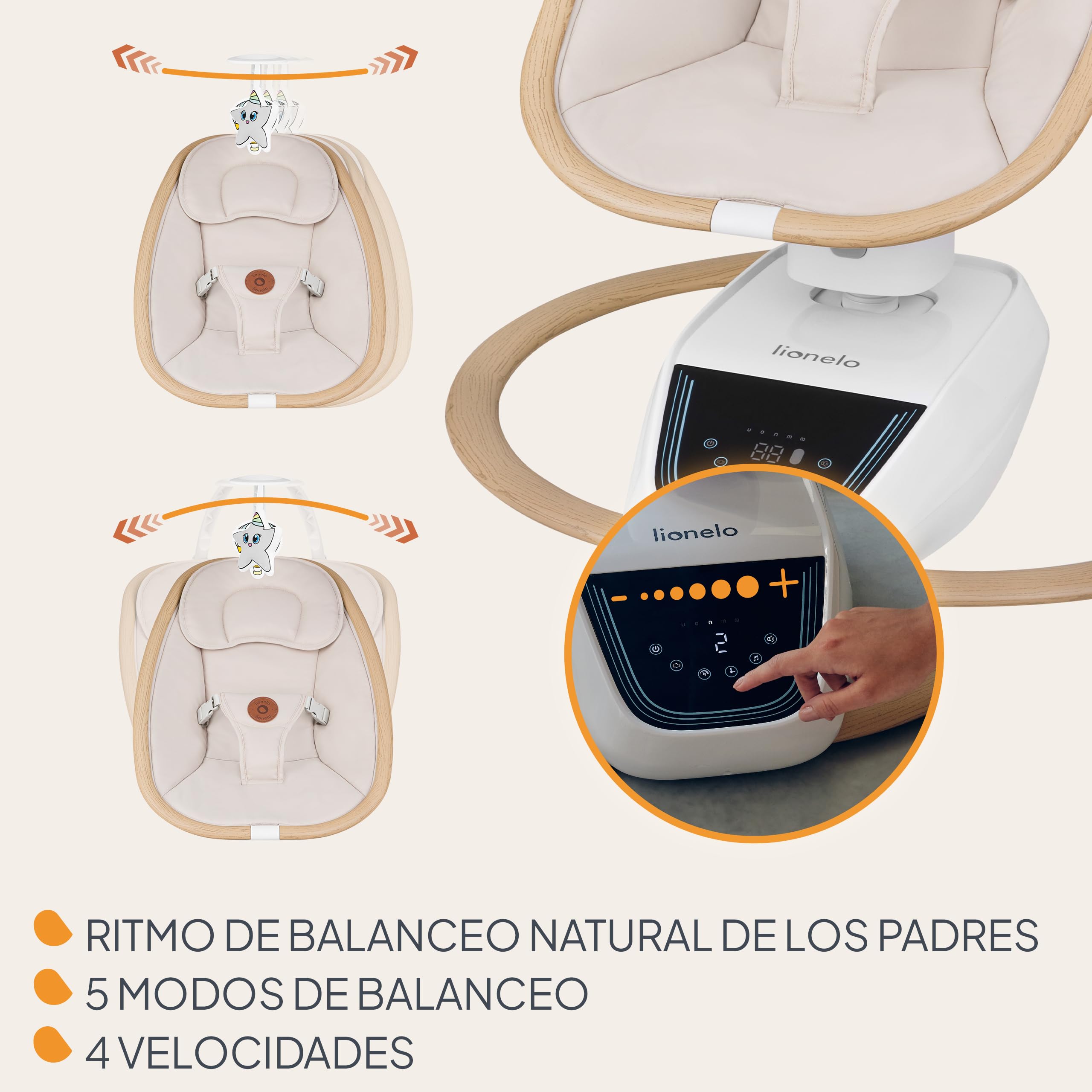 Lionelo OLIVIA - Balancín eléctrico para bebé de hasta 9 kg, reclinación natural, 4 velocidades, asiento ergonómico, 13 melodías, 2 juguetes, mando a distancia | balanceo natural, 4 velocidades, asiento ergonómico, 13 melodías, 2 juguetes, control remoto