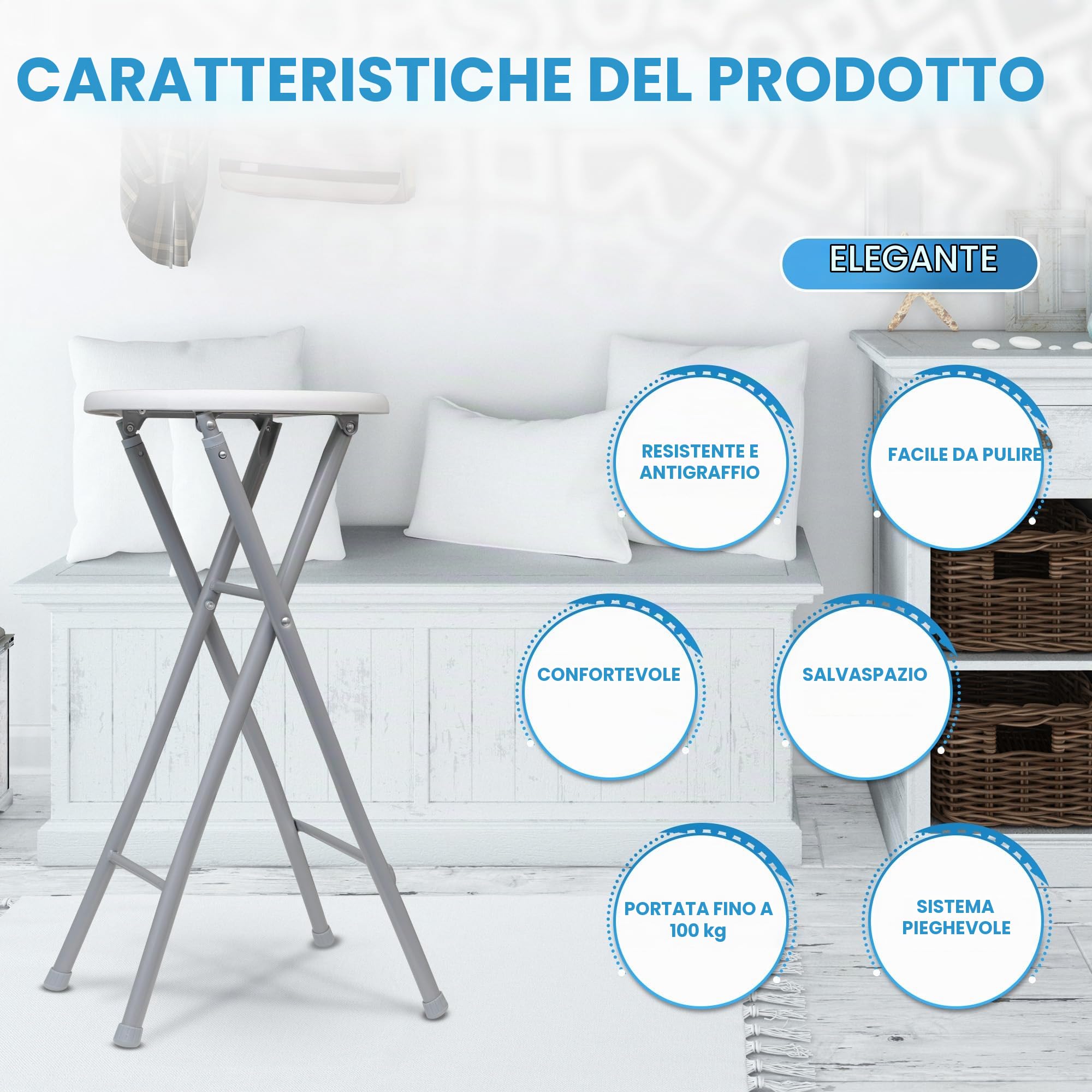 DRULINE Sgabello Bar Pieghevole in Metallo Altezza Seduta 70,5 cm Bianco Grigio - Bianco, 1x