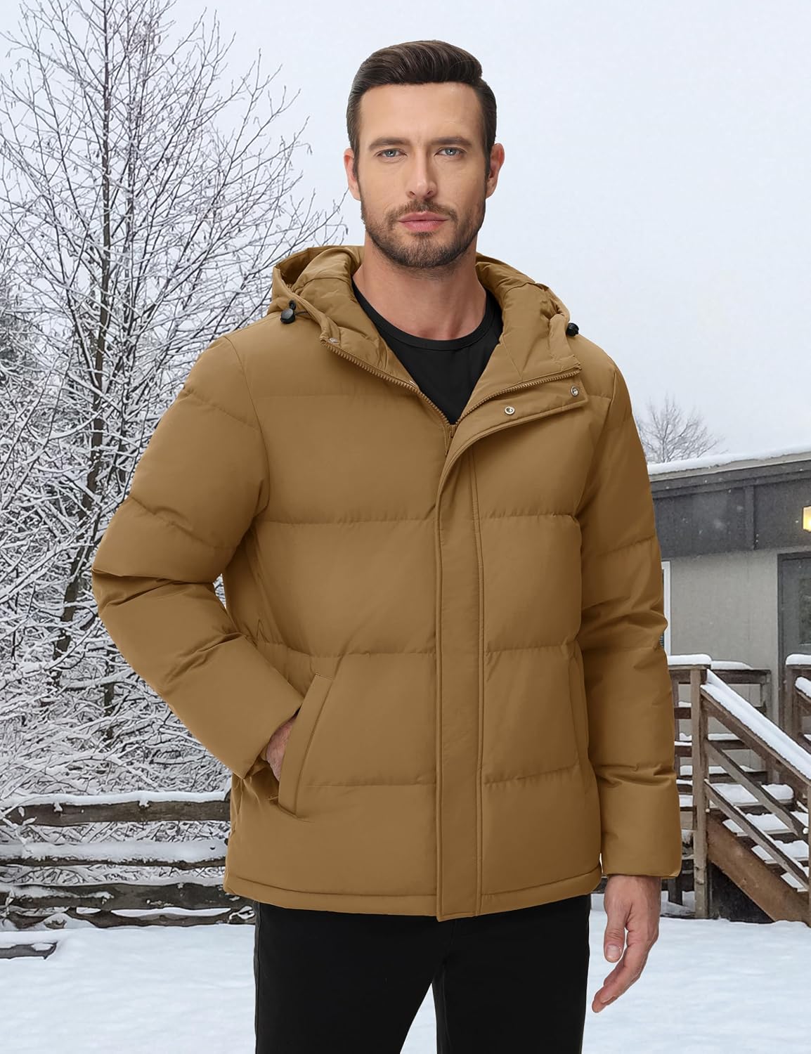 Cotrasen Men's Puffer Jacket Hooded Down Jacket Water-Resistant Windproof Full Zip Up Winter Warm Thicken Coat with Hood - Image 3