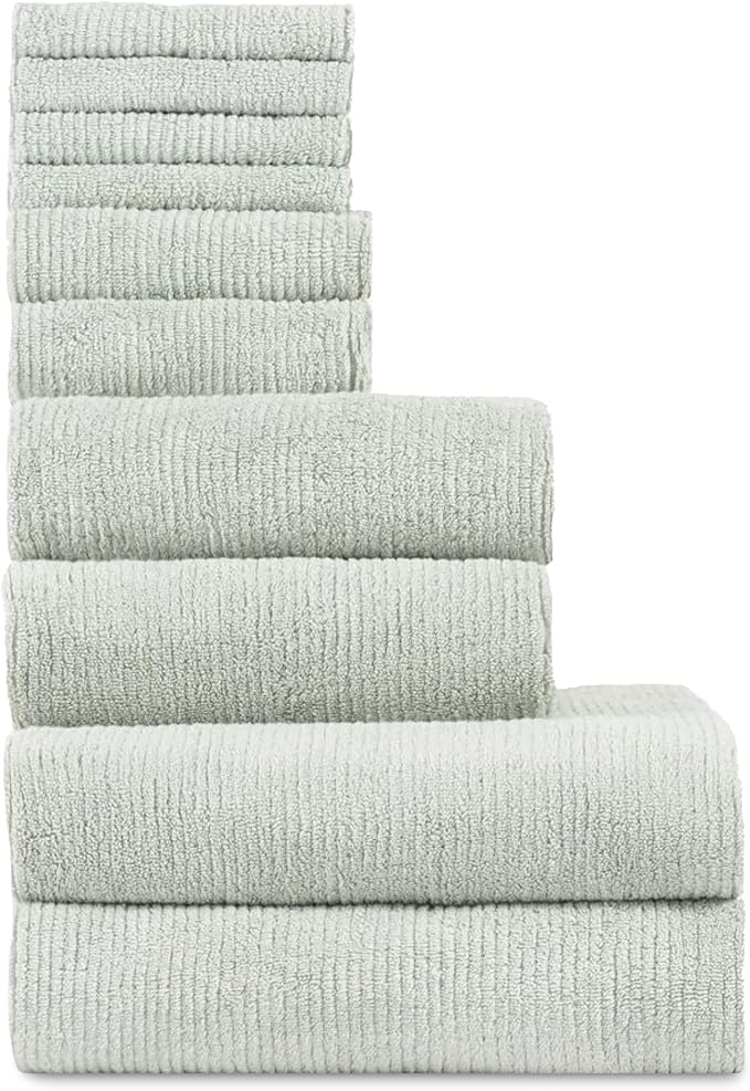 Cozy Earth Complete Ribbed Terry Bath Bundle - 60% Cotton 40% Viscose from Bamboo - Soft & Absorbent Cotton Bath Towel Set - 4 Washcloths, 2 Hand Towels, 2 Bath Towels, 2 Bath Sheets - Laurel