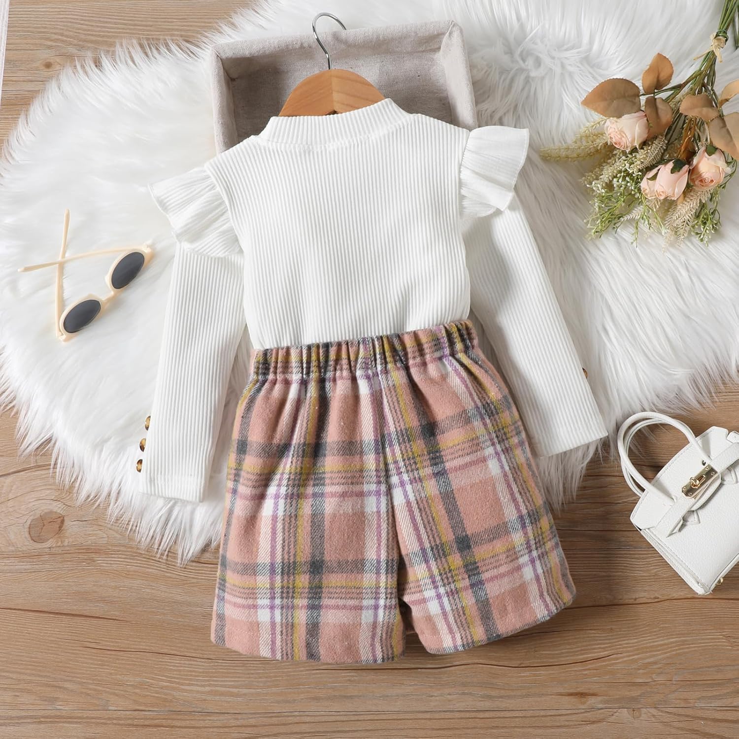 Fernvia Toddler Girl Fall Winter Clothes Ruffles Long Sleeve Shirt and Plaid Shorts Skirt Kids Little Girl 2Pcs Outfits Set - Image 6