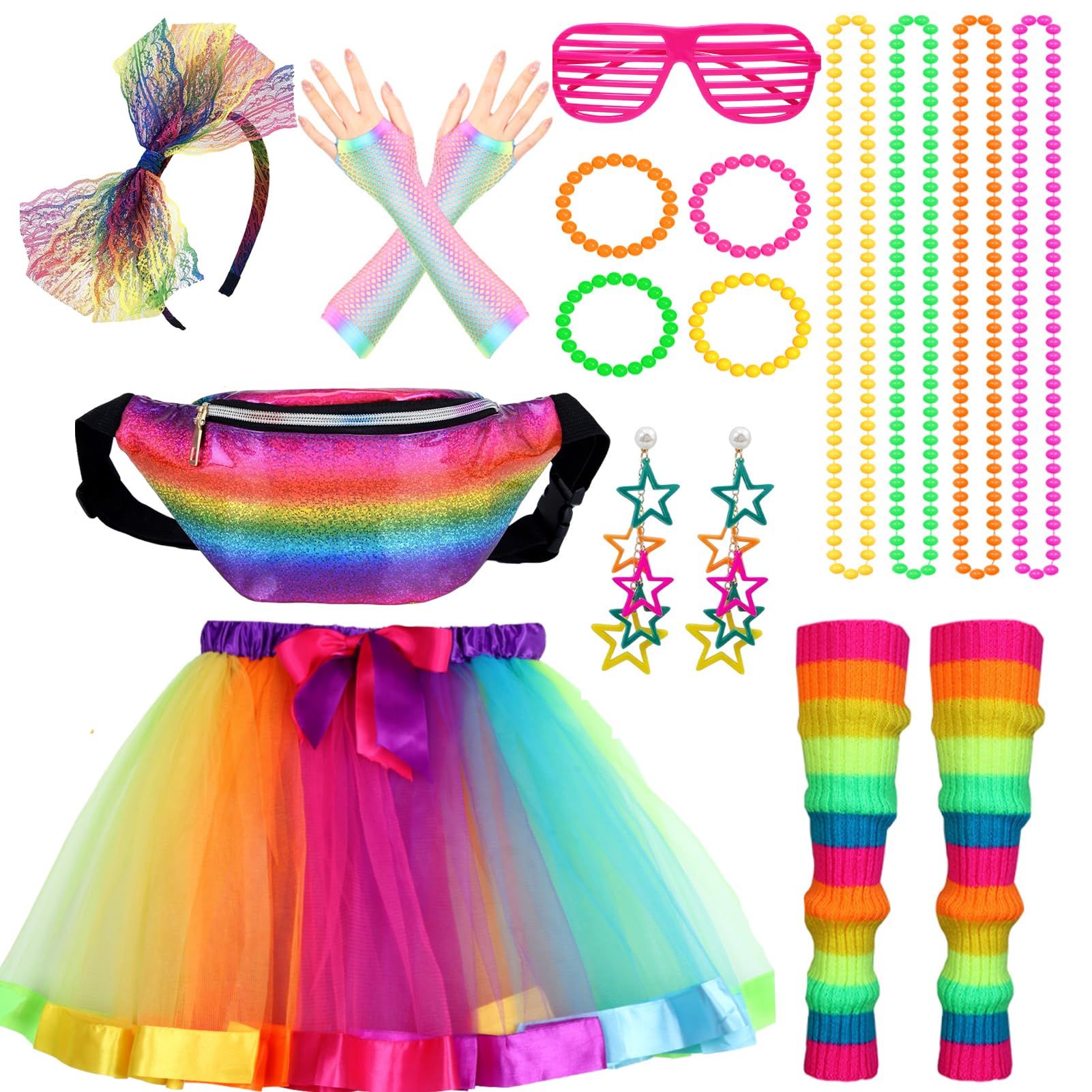 Aleshime 80s Fancy Dress Costumes Accessories for Women Girls, 1980s Fancy Party Costume Accessories Set Kits, Tutu Skirt Waist Bag Leg Warmers Necklaces Bracelet Fishnet Gloves Headband Earrings