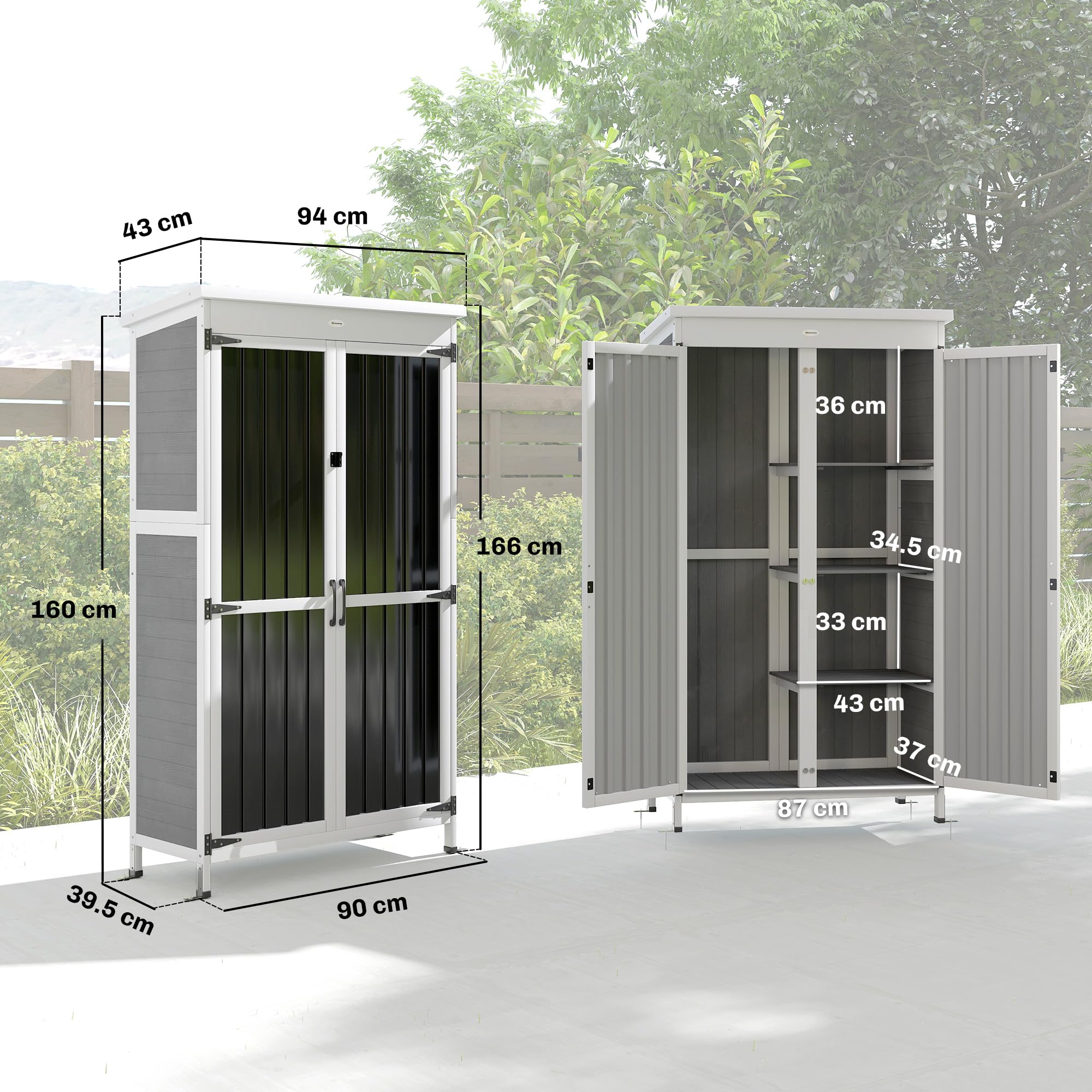 Outsunny Armario de jardín de Madera de Abeto y Acero, caseta para Herramientas de jardín con Puerta con Cerradura, Techo de Asfalto, estantes extraíbles, cobertizo para Herramientas de Exterior, 94