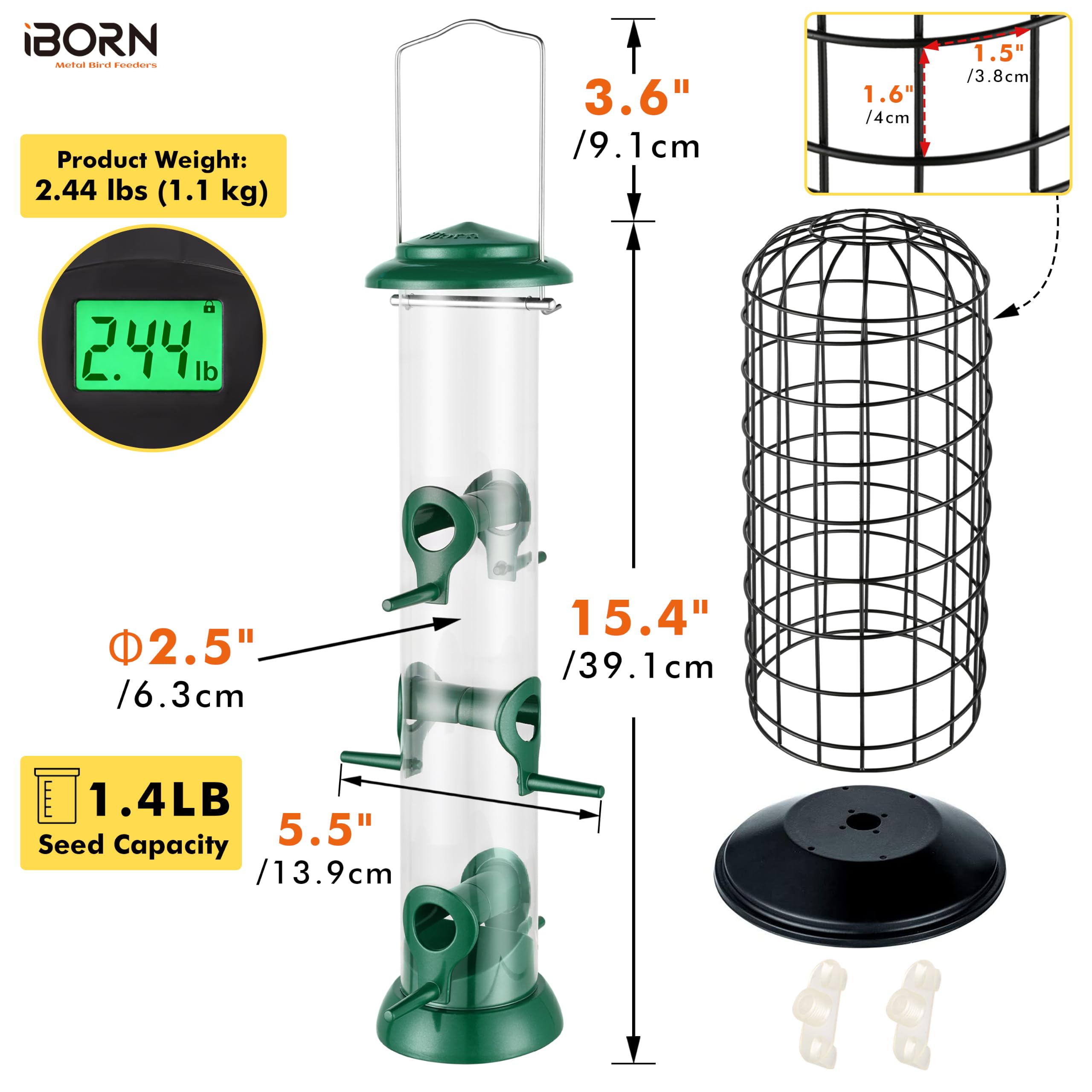 iBorn Karmnik dla ptaków Wisząca wiewiórka i gołąb bezpieczny karmnik dla ptaków, wytrzymały metalowy zielony 40 cm, zewnętrzny karmnik dla ptaków do mieszanych mieszanek nasion i obserwatorów ptaków