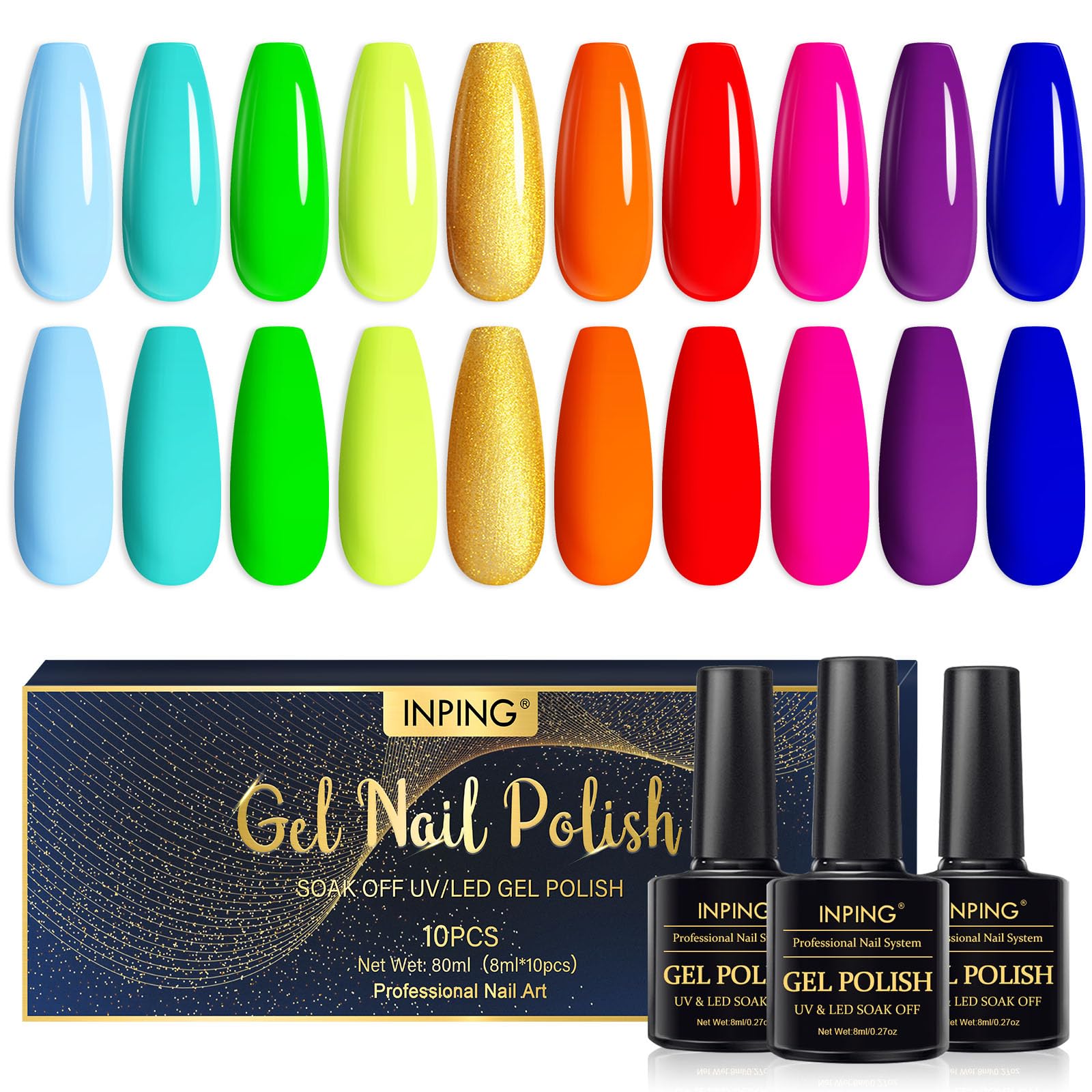 Neon Gel Nail Polish, 10 Color Bright Pink Blue Red Orange Green Gel Polish Set Soak Off UV LED for Starter Nail Art Salon Manicure Kit DIY Home, Bright Neon, 8 ML