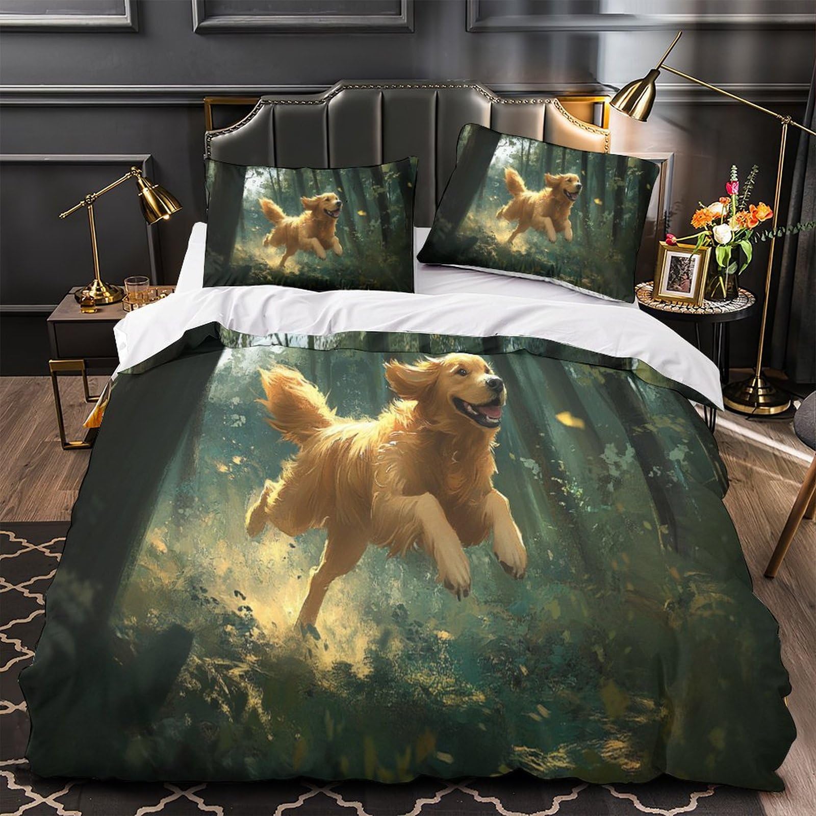 Housse de couette Golden Retriever en forêt pour déco chambre enfant 3D