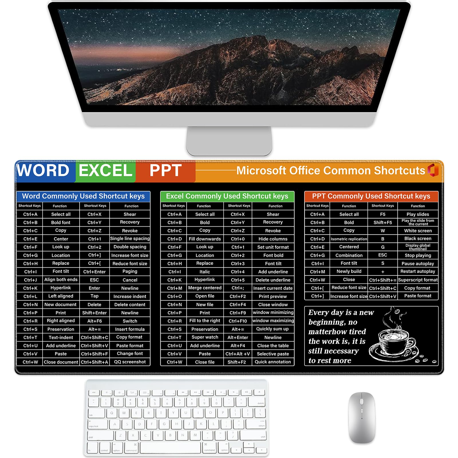 Microsoft Office Shortcuts Desk Pad Protector, Stitched Edges Mouse Pad, Large Office Desk Mat, Non-Slip Desk Blotter, Laptop Desk Pad, Desk Writing