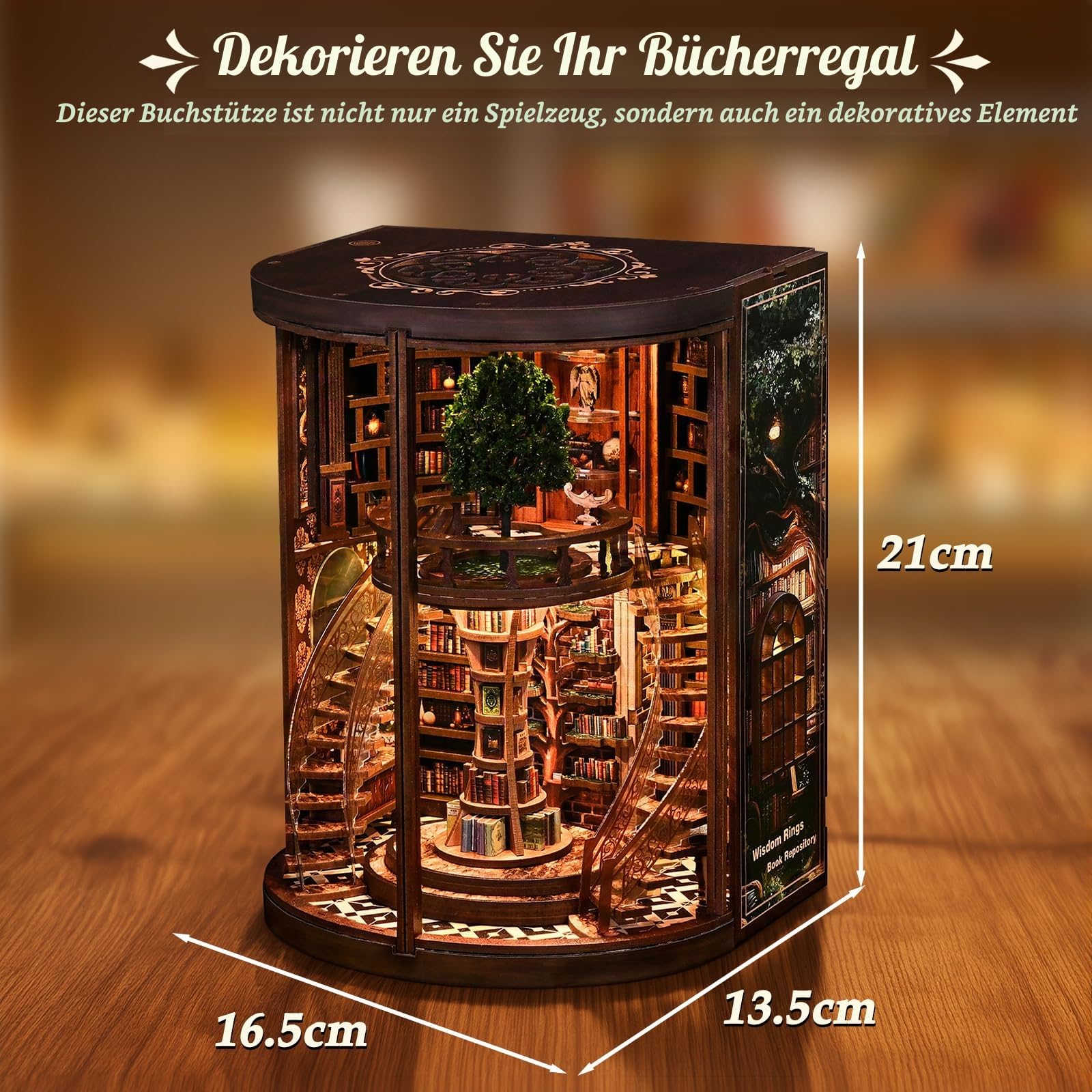Book Nook Kit Profi DIY Holz Bücherregal Einsatz mit LED Licht – 3D Miniatur Bibliothek mit Doppel-Spiral-Treppe, Anspruchsvolles Holzpuzzle für Erwachsene, Sammler Booknook (Jahresringe der Weisheit)
