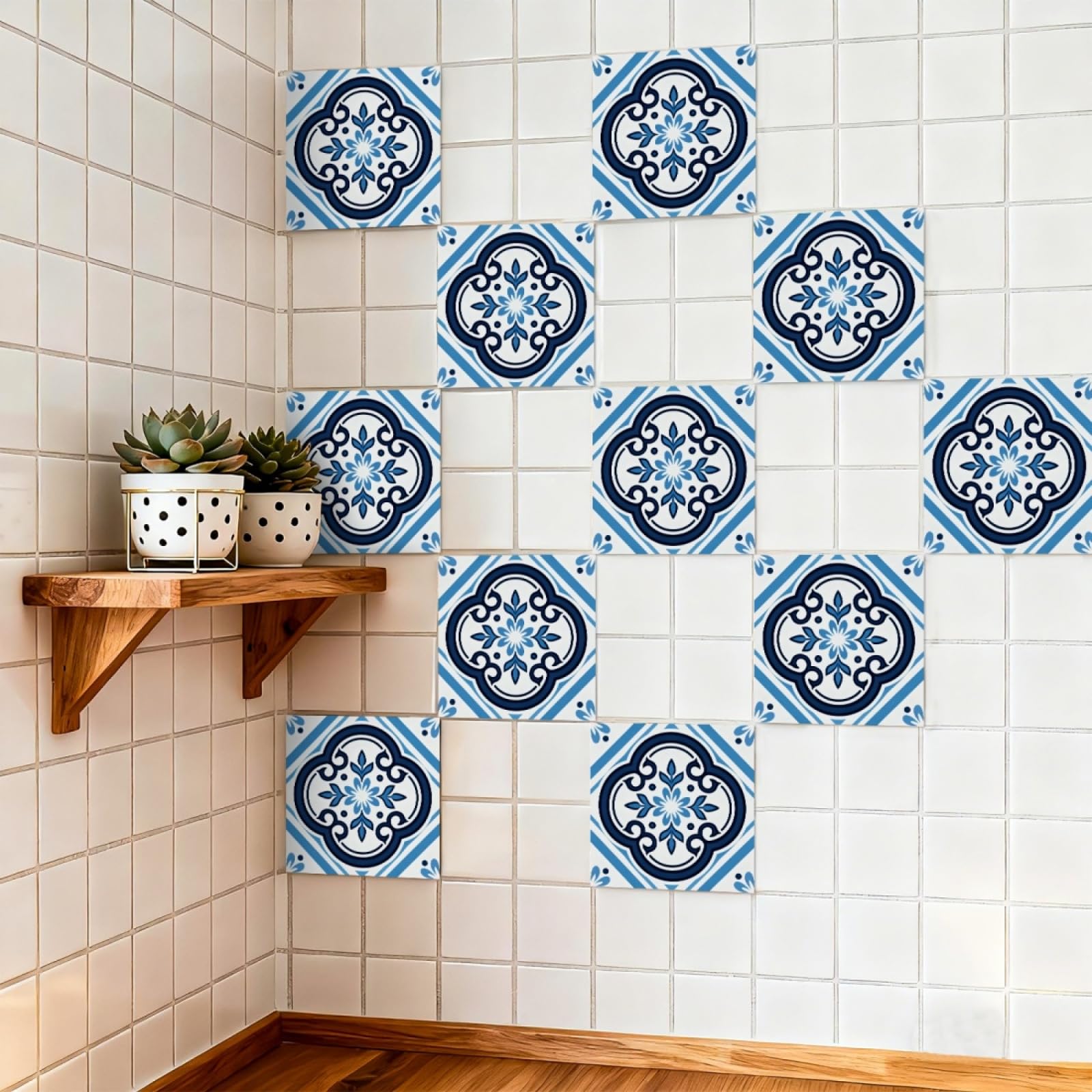 Tile Stickers Blue Geometry Elegant Stick on Kitchen Tiles Self Adhesive Wall Tiles PVC Peel and Stick Tile Covers Transfers Oil-Proof Kitchen Splashbacks for Walls Removable 10x10cm/48 Pcs