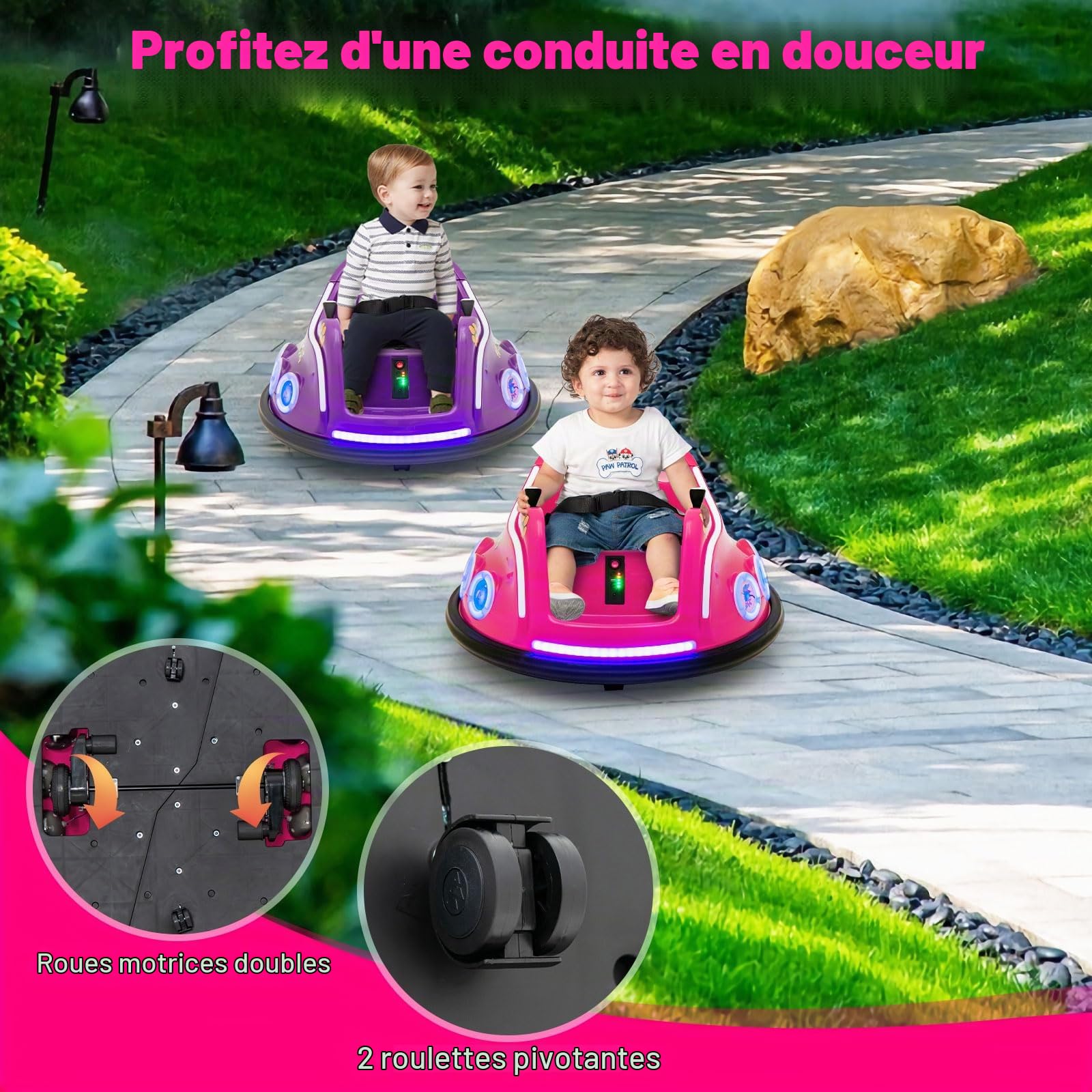 GOPLUS Voiture Électrique Enfants 1 Place 12V avec Lumière, Musique, Rotation à 360º avec Télécommande Parental, Auto-Tamponneuse Electrique pour Enfants 3-8 Ans, 73X73X43CM(Bleu) (Rose)