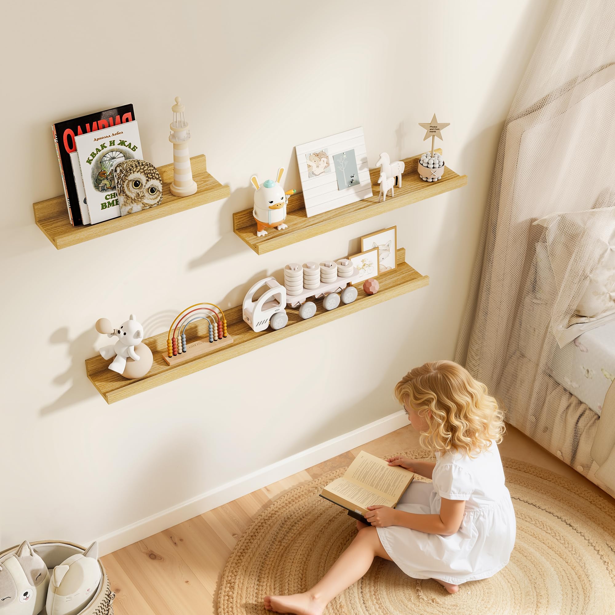 Set di 2 mensole galleggianti in rovere, lunghe 90 cm, mensole per asilo nido con bordo per riporre giocattoli, libreria per bambini, mensole da parete in legno, per soggiorno, camera da letto, libri