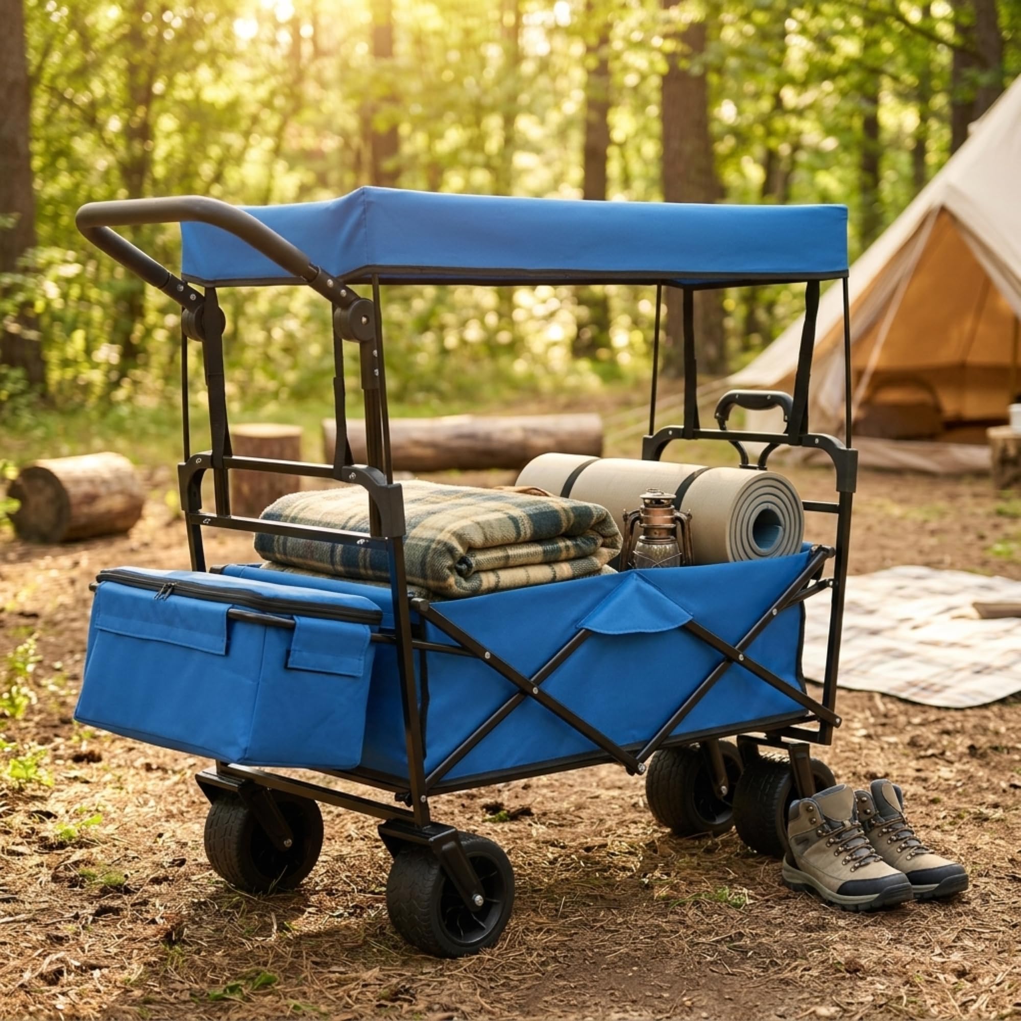 SOARS Carrello Spiaggia Pieghevole con Tetto, Carrello da Trasporto con Ruote Grandi e Borsa Portatutto, Carrello da Campeggio e Giardino, in Acciao Resistente, Chiusura Rapida, 100 KG, 100L (Blu)