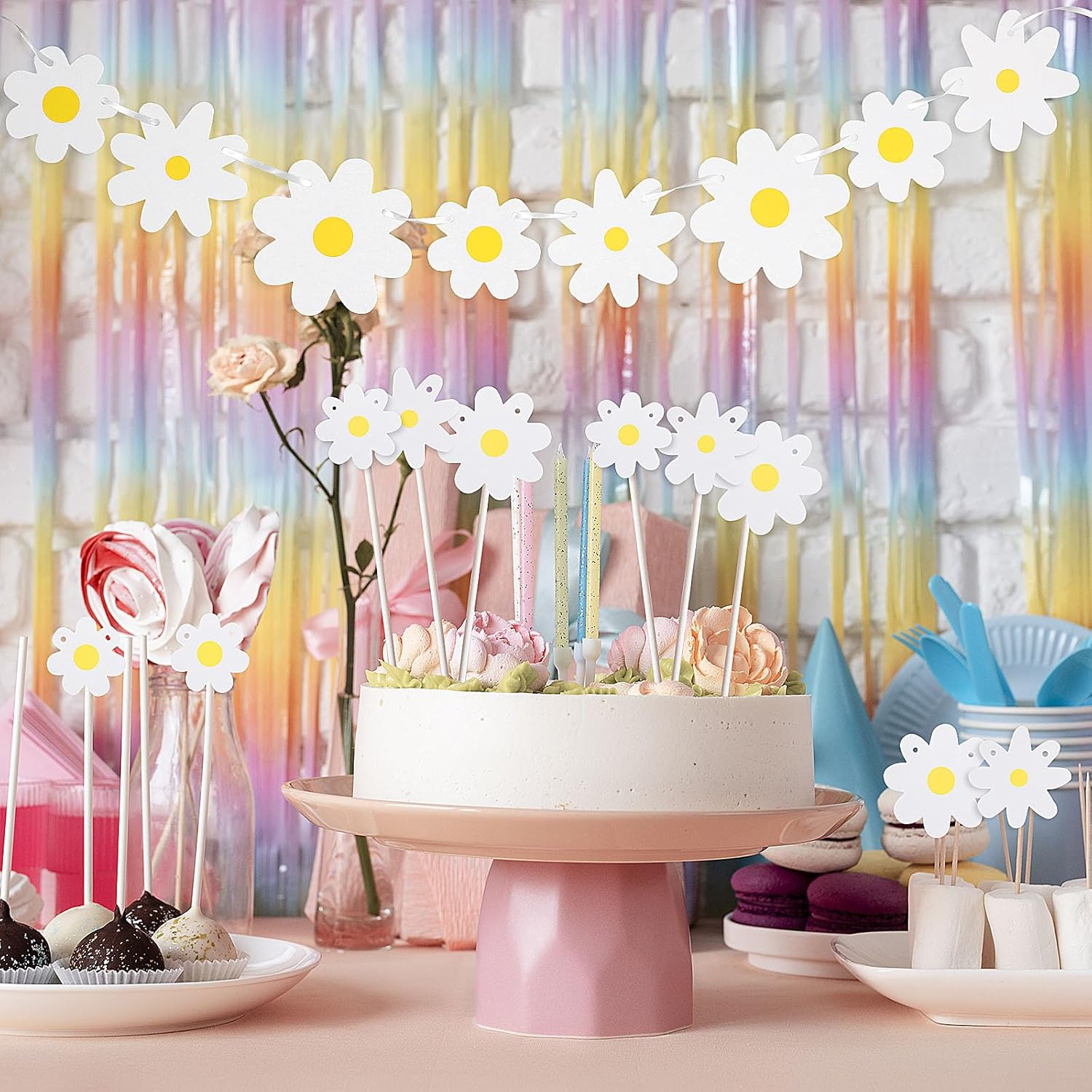 Gjinxi 2Pcs Daisy Groovy Boho Party Banners, White Hippie Daisy Party Supplies Decorations, Spring Flower Garlands, Daisy Paper Cutouts for Birthday Party Classroom Home Favor Decor 4 81Jt1+Zcn3L. SL1500