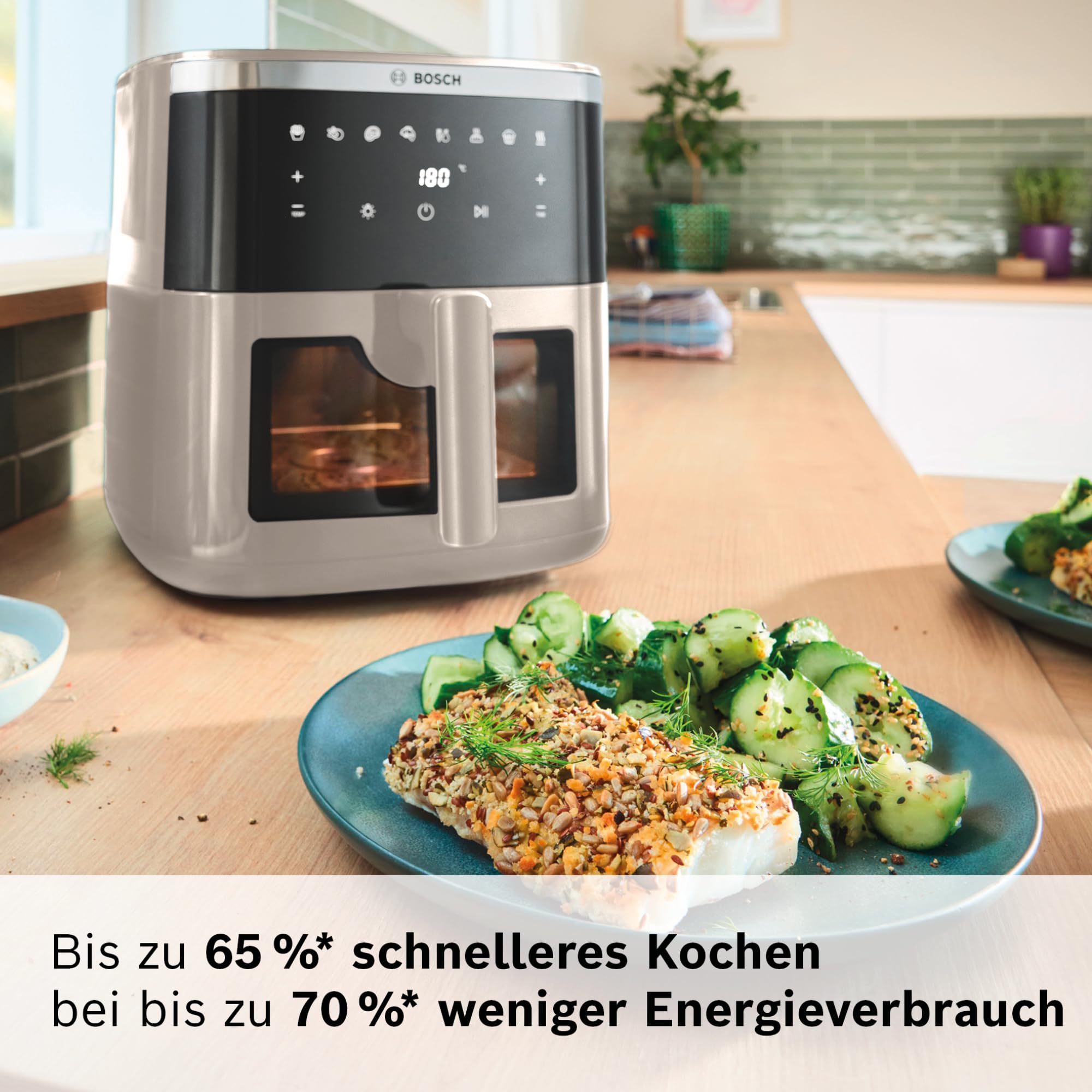 Bosch - Freidora de Aire Serie 6, Capacidad XXL de 7,2 L, 7 Programas y Ventana de Visualización con Luz, Beige Mate, MAF671C0