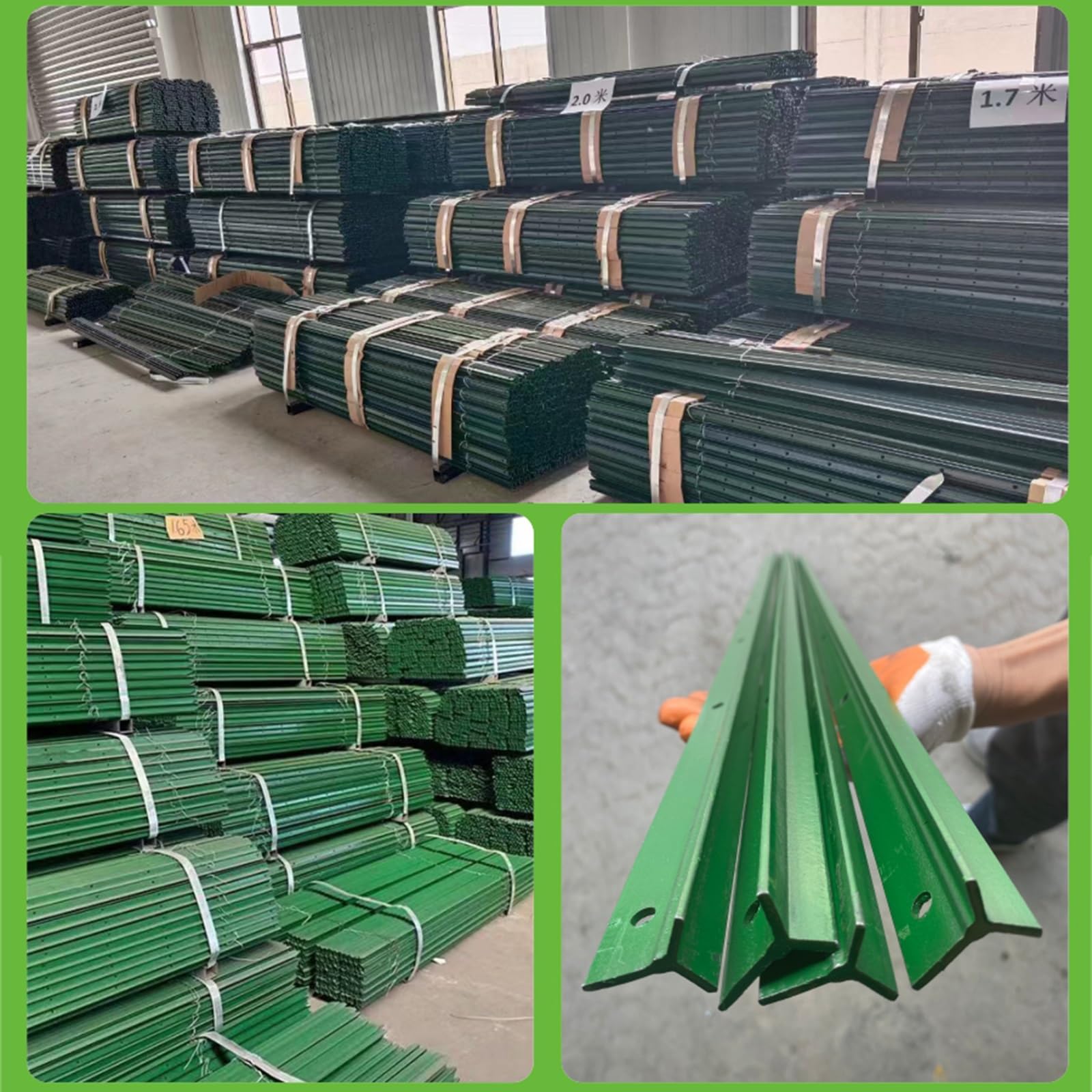 Pali per recinzione in metallo resistenti per giardino, fondo appuntito senza scavo, fascette incluse, pilastri verdi in acciaio, confezione da 10, supporto alto 1,5 m per recinzioni in filo metallico