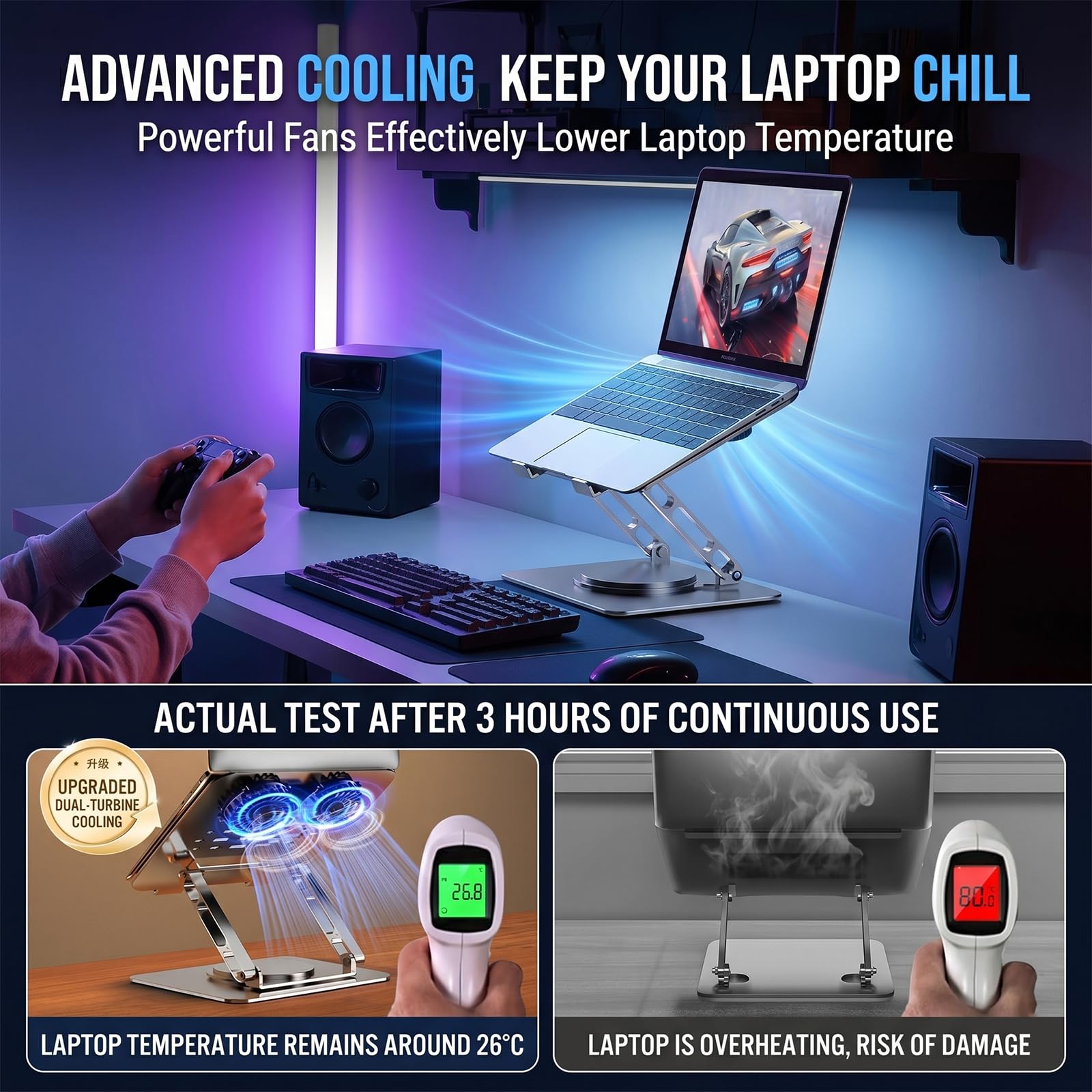 Supporto per computer portatile con doppia ventola di raffreddamento silenziosa, base girevole a 360°, supporto ergonomico per computer portatile, in acciaio al carbonio resistente, pieghevole
