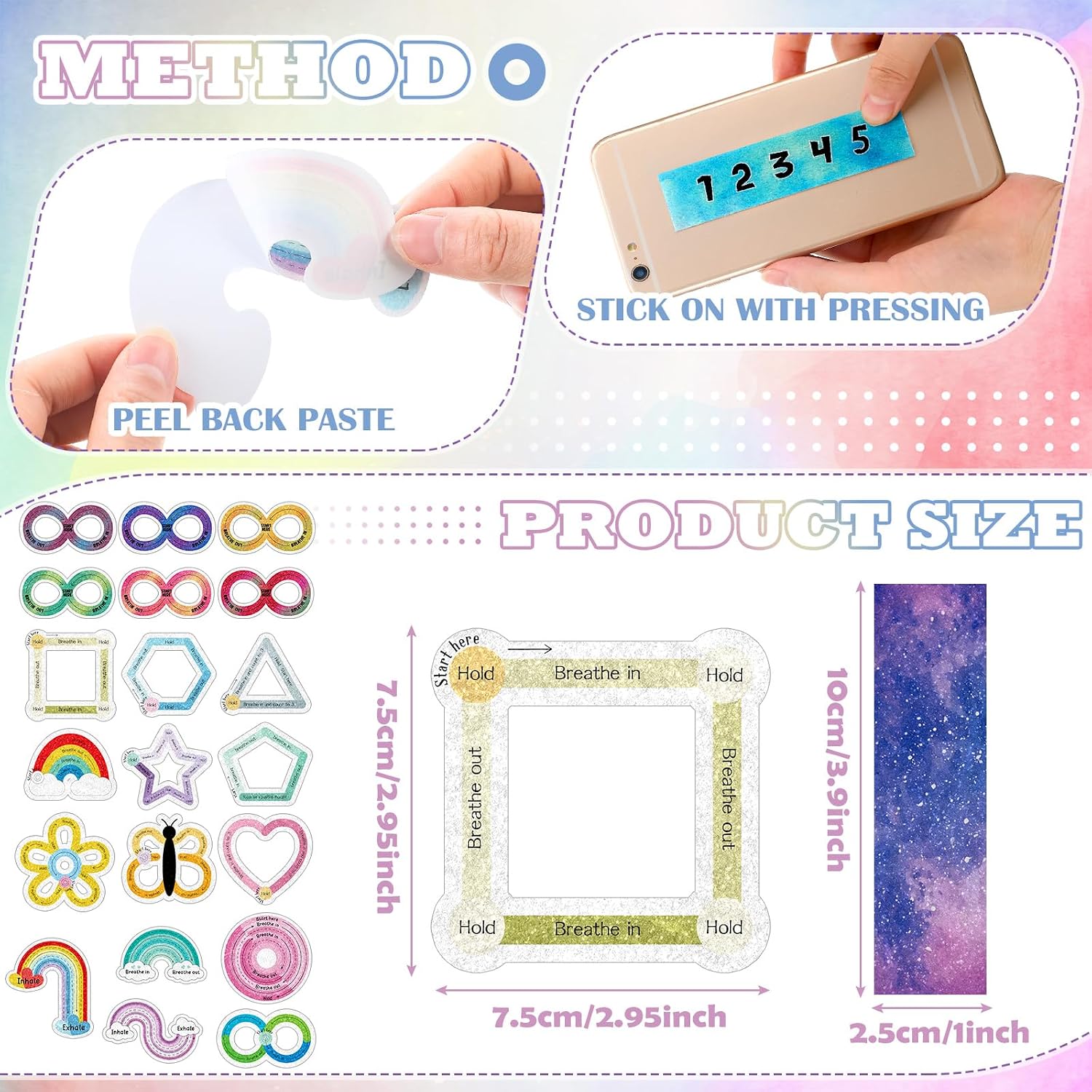 Crtiin 80 Pcs Ink and Starry Sky Anxiety Sensory Stickers with Inspirational Quotes 40 Style Mindfulness Fidget Textured Strip Office Adhesive Sensory Tape Anti Stress for Adults School(Fresh)