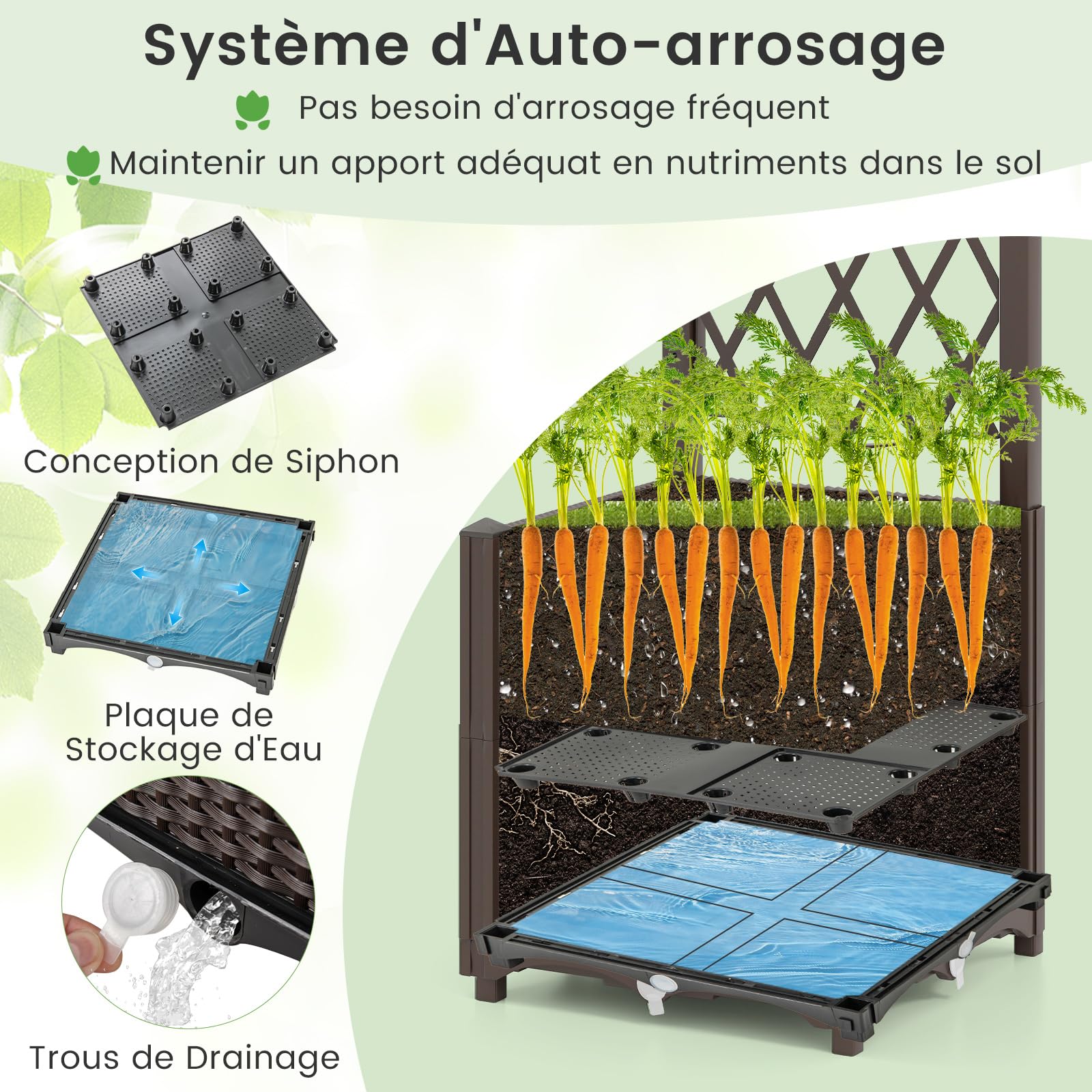 COSTWAY Jardinière avec Treillis sur Pied, Bac de Plantation Auto-arrosage en Rotin PP avec Trou de Drainage, Lit de Jardin pour Plantes Grimpantes, Légumes, Fleurs, Café, 40 x 40 x 140 cm