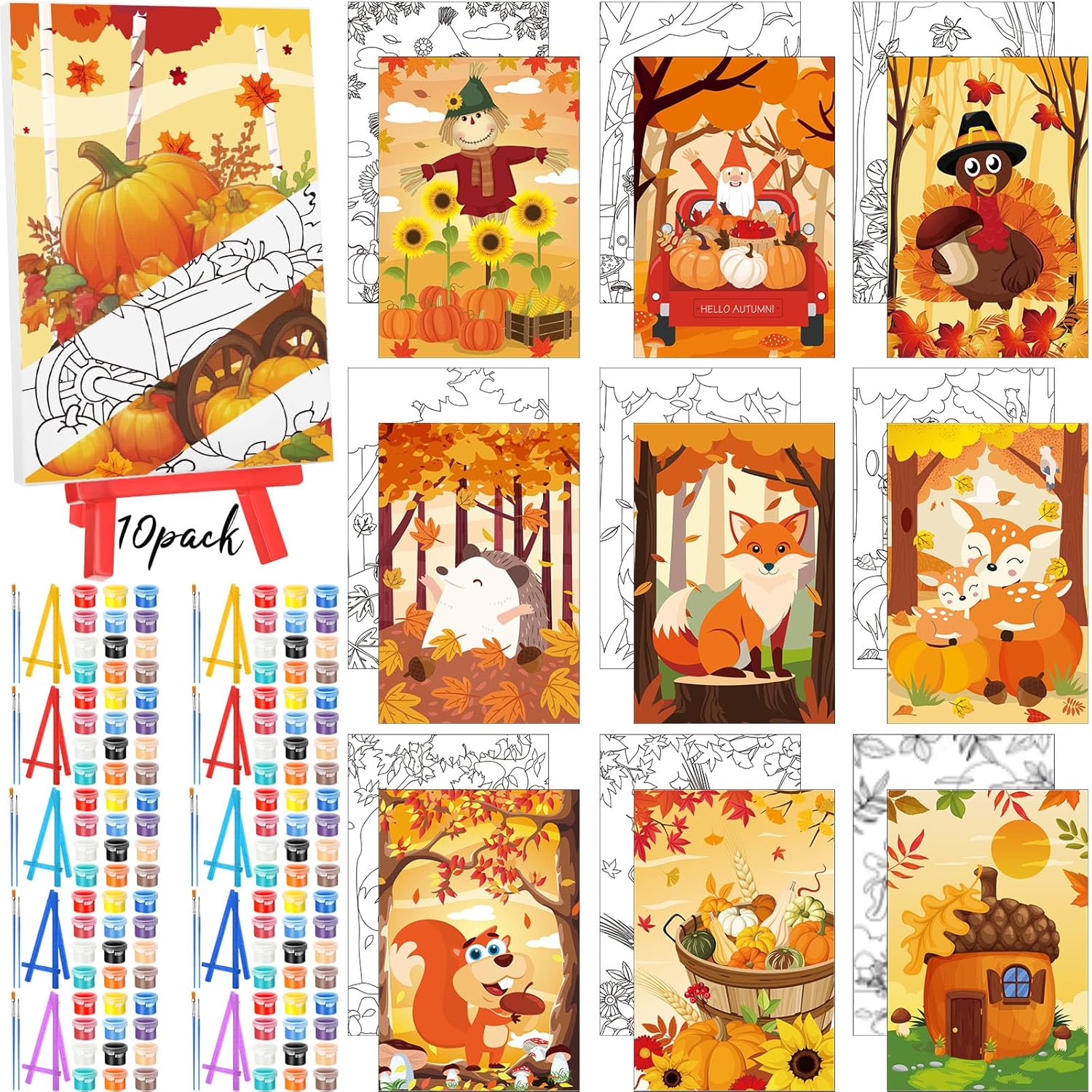 Blosssound 10 Set Fall Pre Printed Canvas Autumn Pre Drawn Canvas Painting with Easel Kits 5" x 7" Outline Painting Panels for Beginners, DIY Craft Project, Party Favor, Home Decors Autumn Color