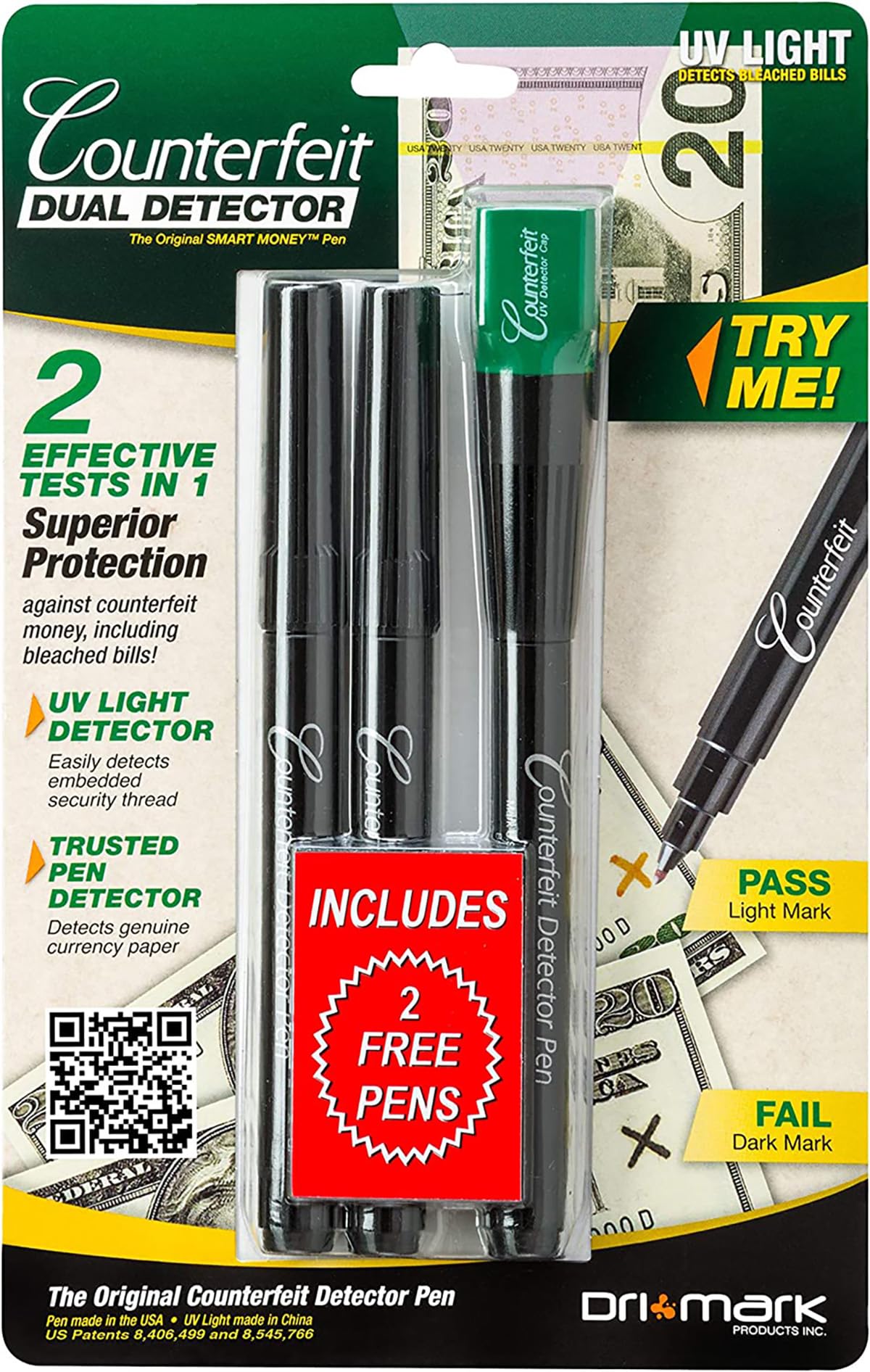 Dri Mark Dual Test - The Original Smart Money Pen With Uv Led Cap Counterfeit Detector System Plus 2 Free Pens Loss Prevention Fraud Protection