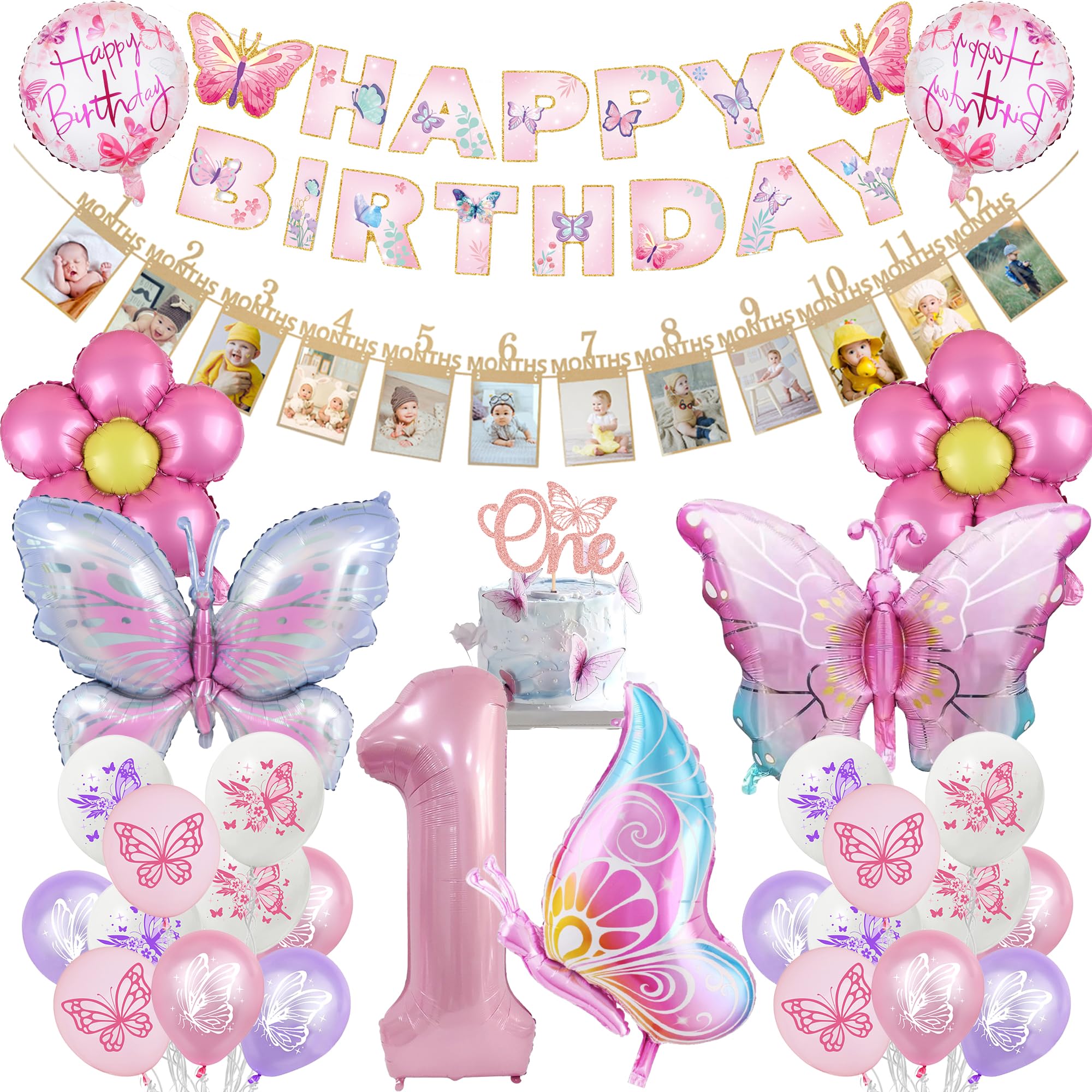 Butterfly 1st Birthday Decorations Girl - 31 Set Pink Purple Butterfly Theme Banner Happy Birthday Monthly Photo Cake Topper Foil Balloons for Baby Girl 1 Year Old Party Supplies