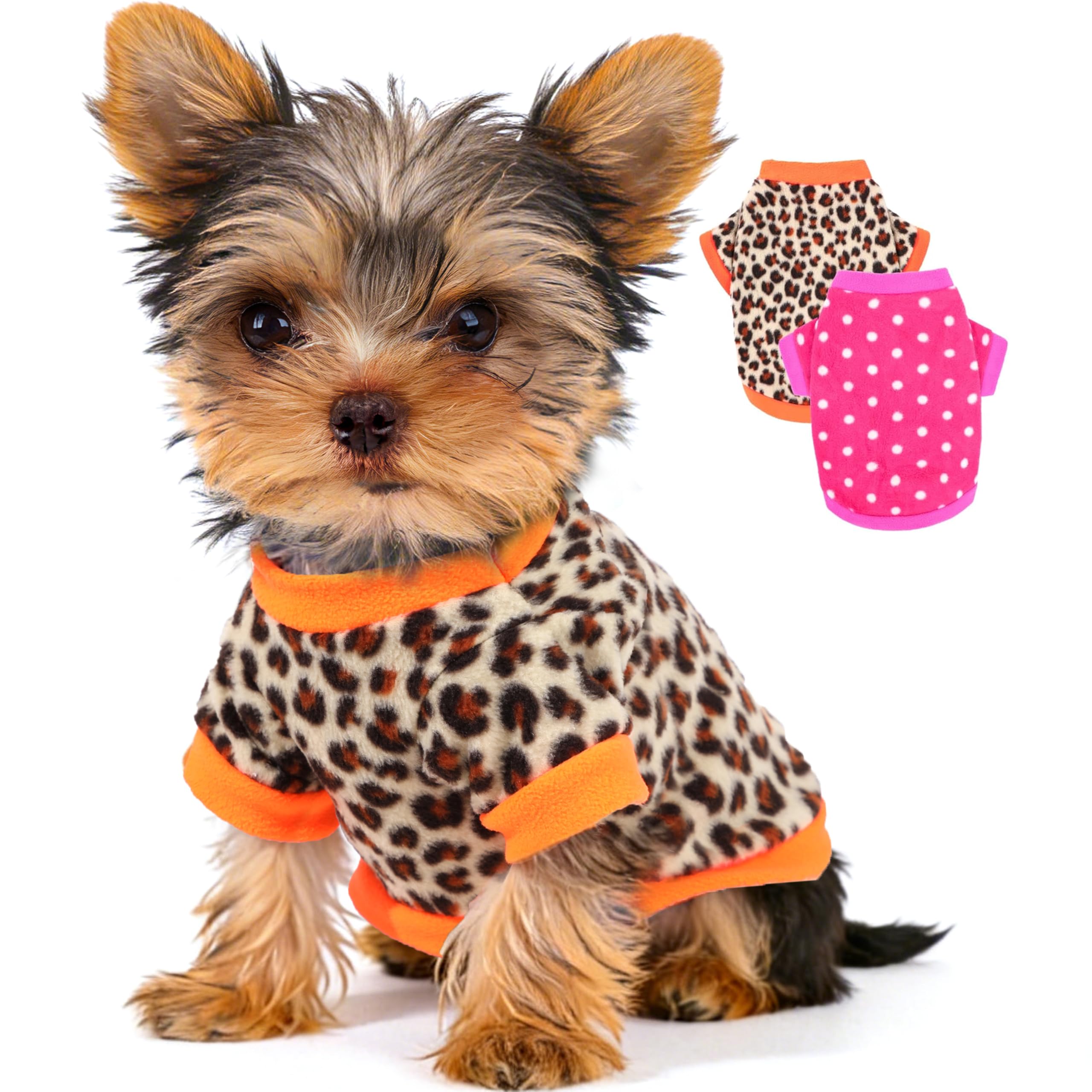 Photo 1 of 2 Pieces Dog Sweaters for Small Dogs Girl Fleece Puppy Sweater for Teacup Chihuahua Yorkie Clothes Soft Warm Dog Clothes Doggie Pet Outfit Apparel Polka dots Leopard Print, XXS