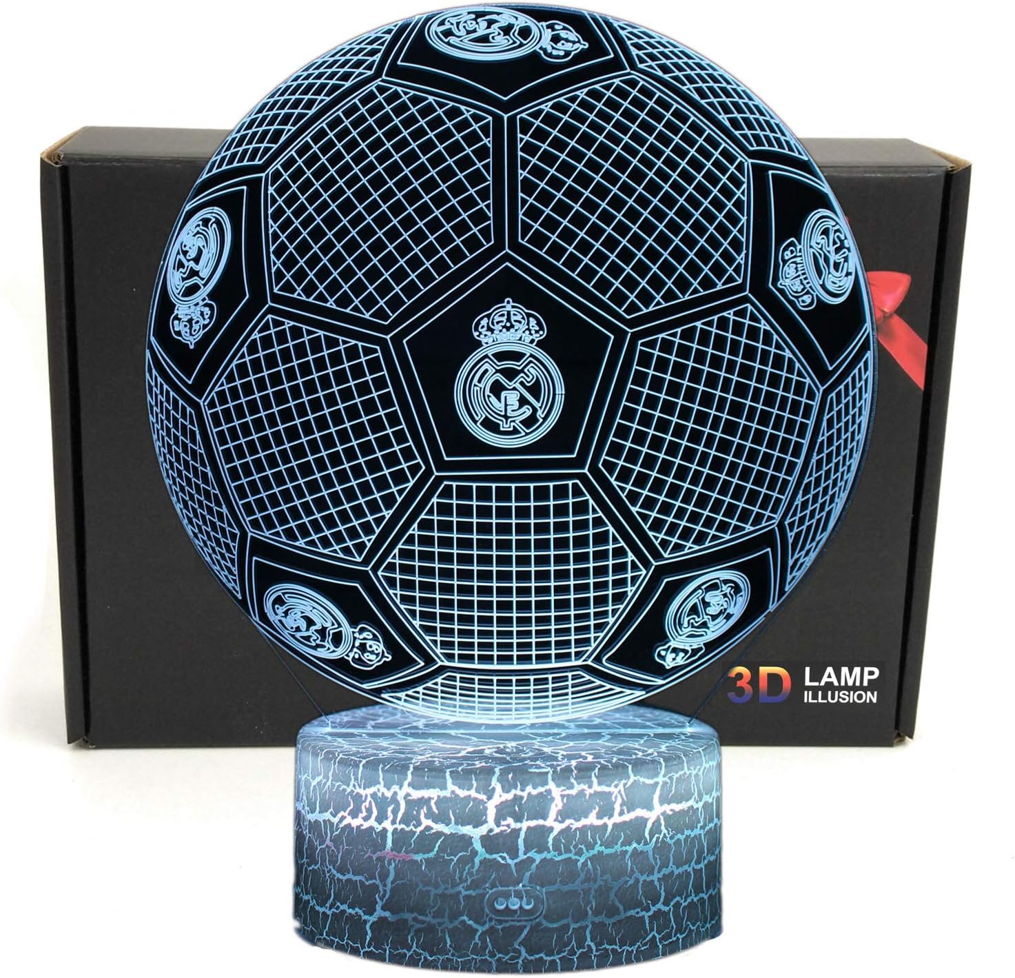 Deal Best Football Shape 3D Optical Illusion Smart 7 Colors LED Night Light Table Lamp with USB Power Cable, for Real Madrid Football Fans Gift