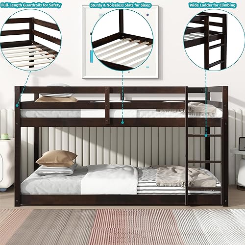 Miniatura 93 de Litera baja individual sobre individual, base de cama de madera maciza con escalera y barandillas de seguridad, literas individuales para niños y