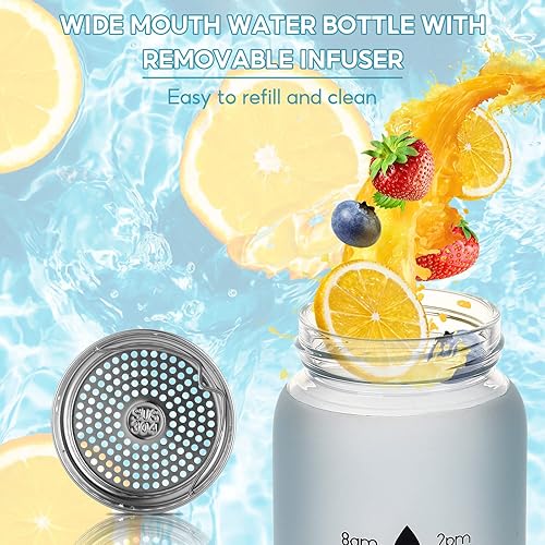 Miniatura 5 de ZDZDZ Botella de agua de vidrio a prueba de fugas con marcador de tiempo, botella de vidrio de boca ancha con tapa de bambú, botella de agua