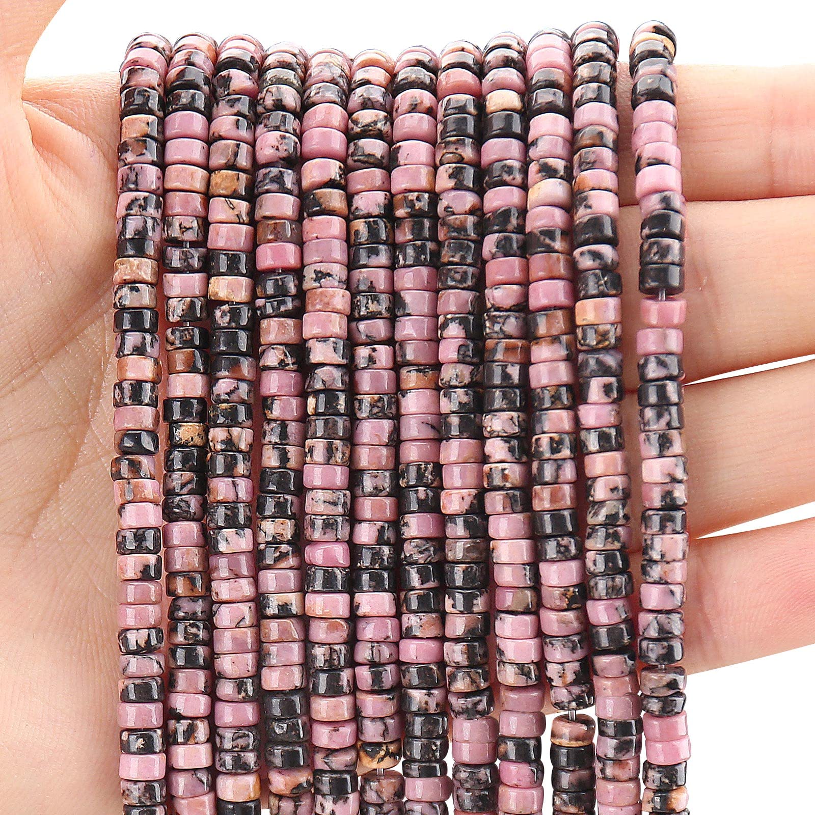 150PCs Natural Black Strip Rhodonite Spacer Beads, Loose Semi Precious Flat Round Gemstone Heishi Disc Stone Beads for Beading Jewelry Making 4mm*2mm 38cm