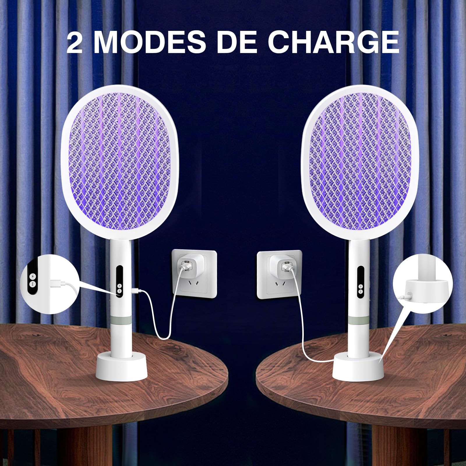 PALONE Raquette Electrique Insectes 1800mAH Chargement, Raquette Moustique Electrique Type-C Amovible, Répulsif Électronique Anti Moustiques et intenses, pour Intérieur et Extérieur (Blanc,1PC)