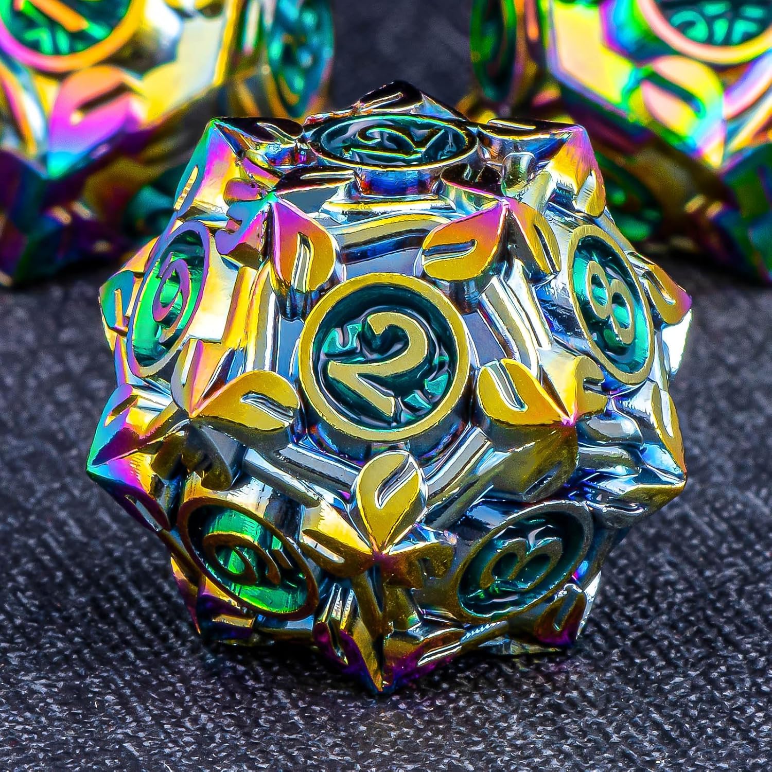 KERWELLSI Metal DND Dice Set D&D, 7Pcs Nature Vines Leaf Role Playing Dice with Gift Box, Rainbow Green Dungeons Dragons D and D Game Dice D20 D12 D10 D8 D6 D4