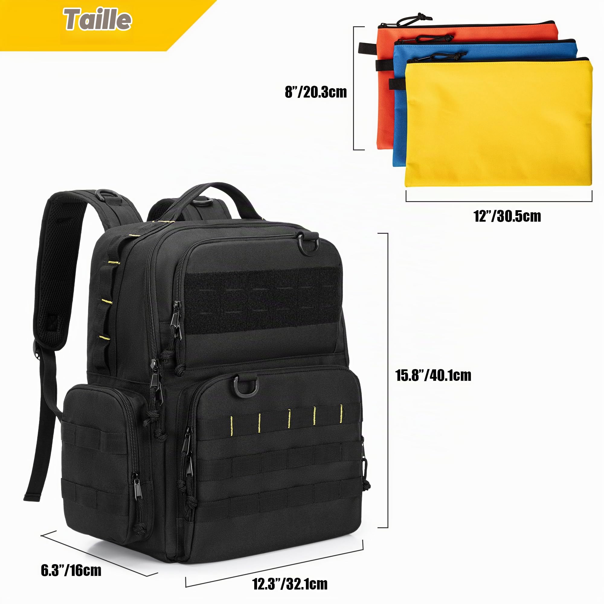 Rexmica Sac à Dos à Outils pour Homme avec 3 Petites Poches à Outils, Noir | Sac de Rangement d'Outils, Tactique, pour Électriciens, Artisans