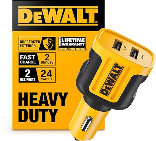 DEWALT Adaptador de Carga de Coche USB 24W de Servicio Pesado, Adaptador de Encendedor de Cigarrillos Cargador USBA, Adaptadores de Encendedor de