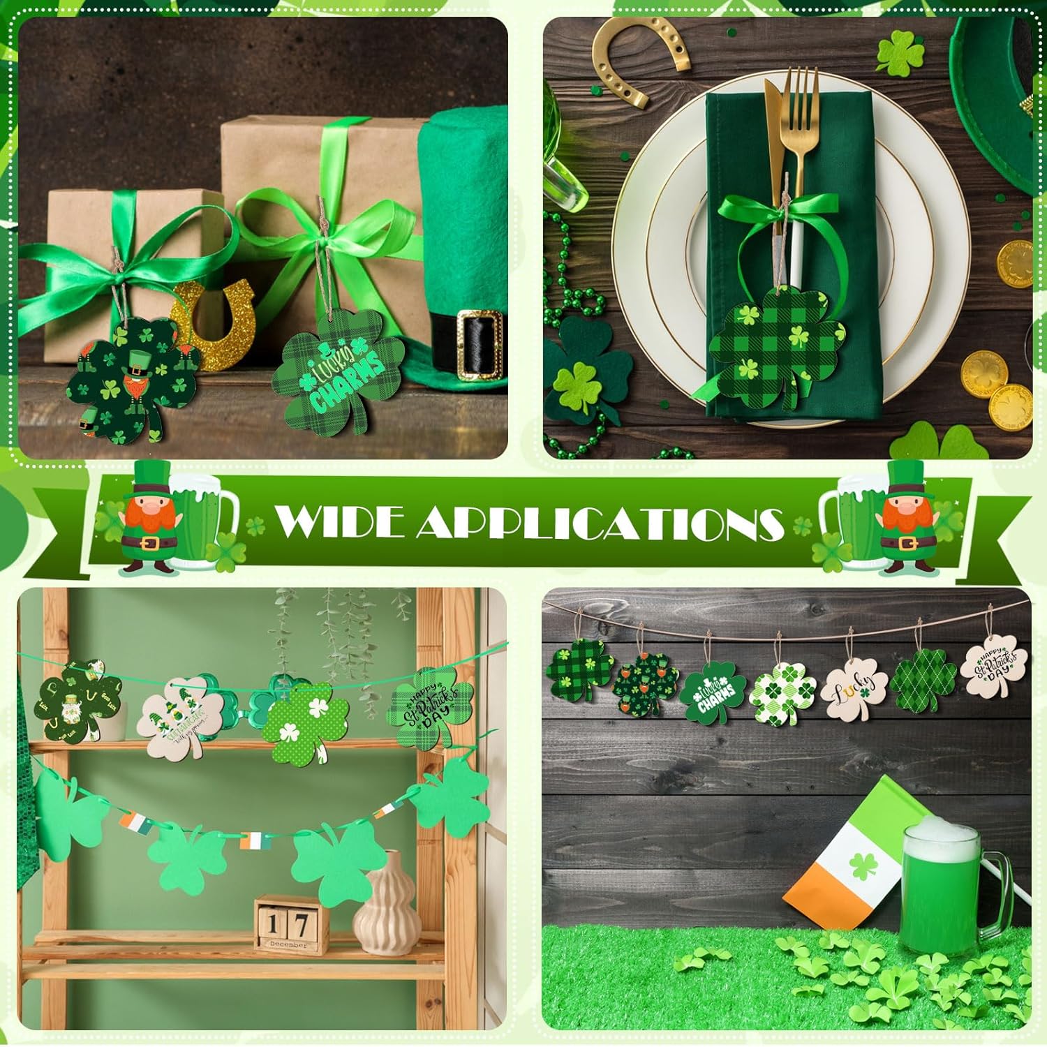 AWIZOM 72 Pcs Wooden Four Leaf Clover Ornaments Unfinished St. Patrick's Day Wooden Shamrock Cutouts Blank Wood 4 Leaf Clover Slices with Twine for DIY Crafts Tags Irish Holiday Hanging Decor,3.5x3 - Image 6