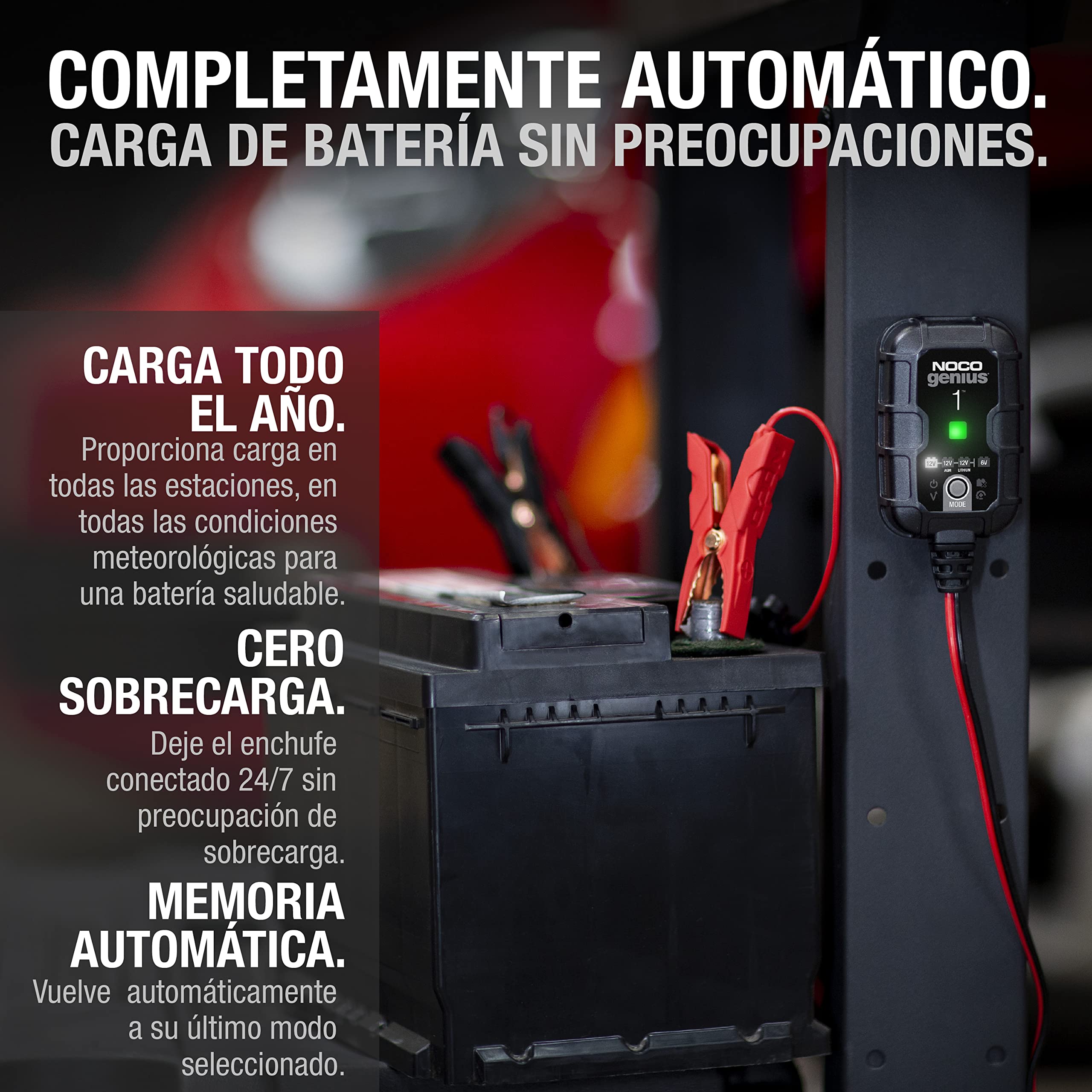 NOCO GENIUS1: Cargador Inteligente de baterías 1A 6V/12V – Mantenedor automático y desulfatador – Protección contra sobrecarga y compensación térmica – para baterías de Plomo y Litio