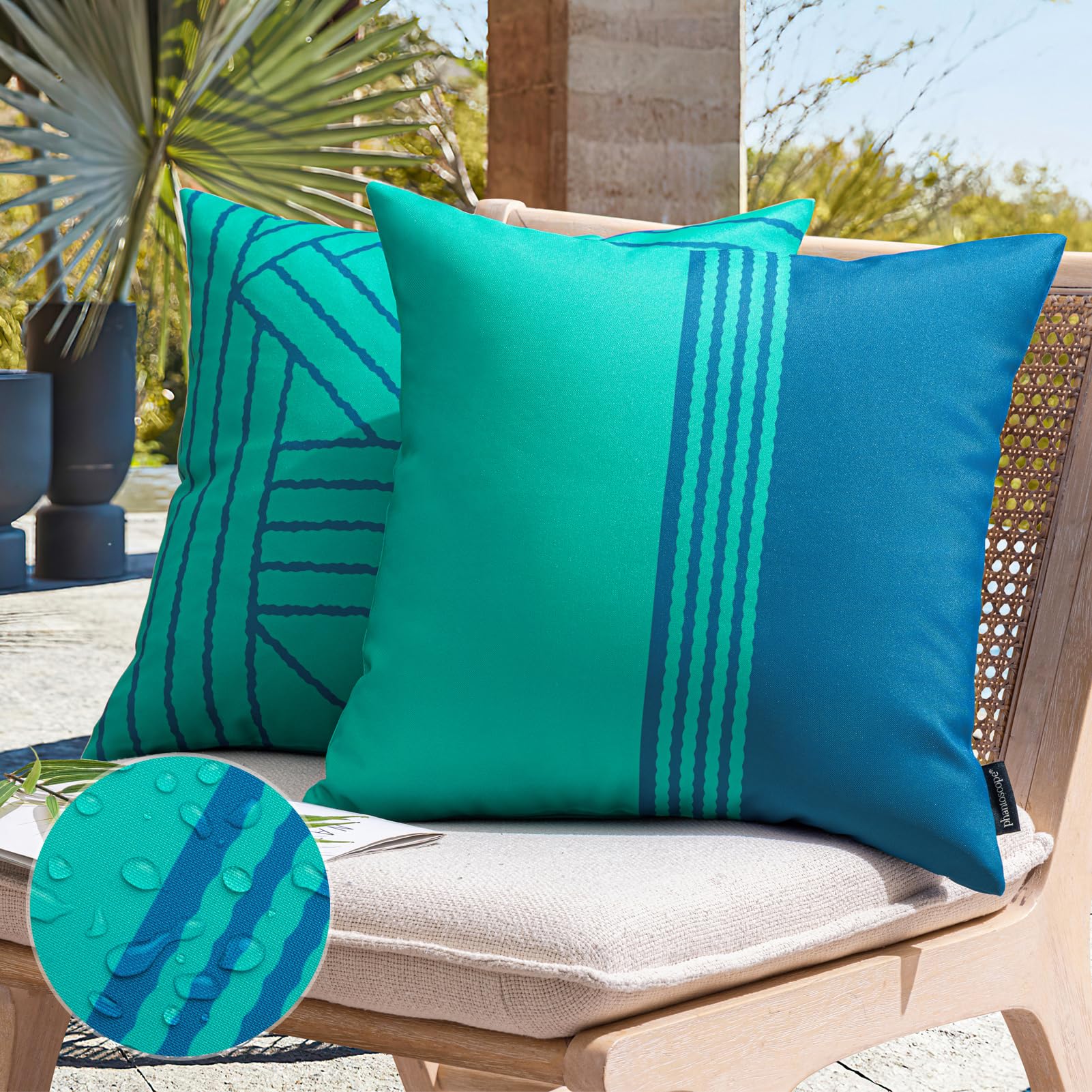 Phantoscope Pack of 2 Outdoor Indoor Throw Decorative Pillow Cover Contrast Color Design Decorative Waterproof Patio Pillows Cushion Case for Couch Tent Park, Teal and Blue, 18 x 18 inches