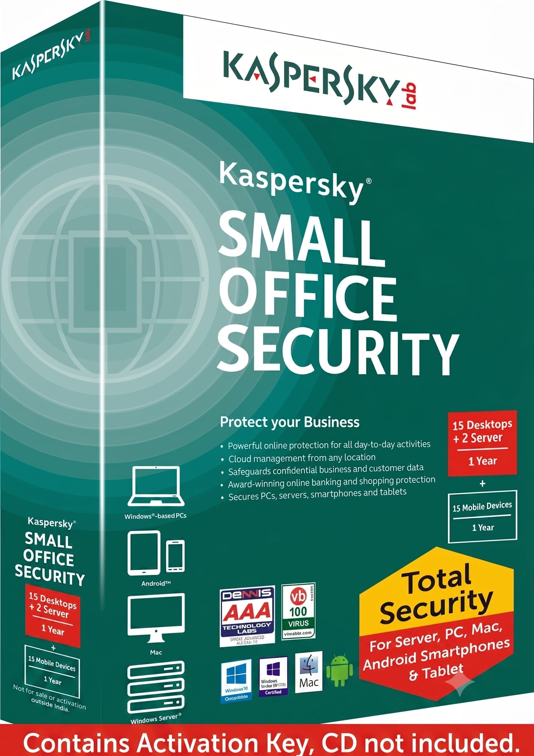kaspersky small office security latest version- 15 pcs + 2 file server + 15 mobile devices 1 year (cd)