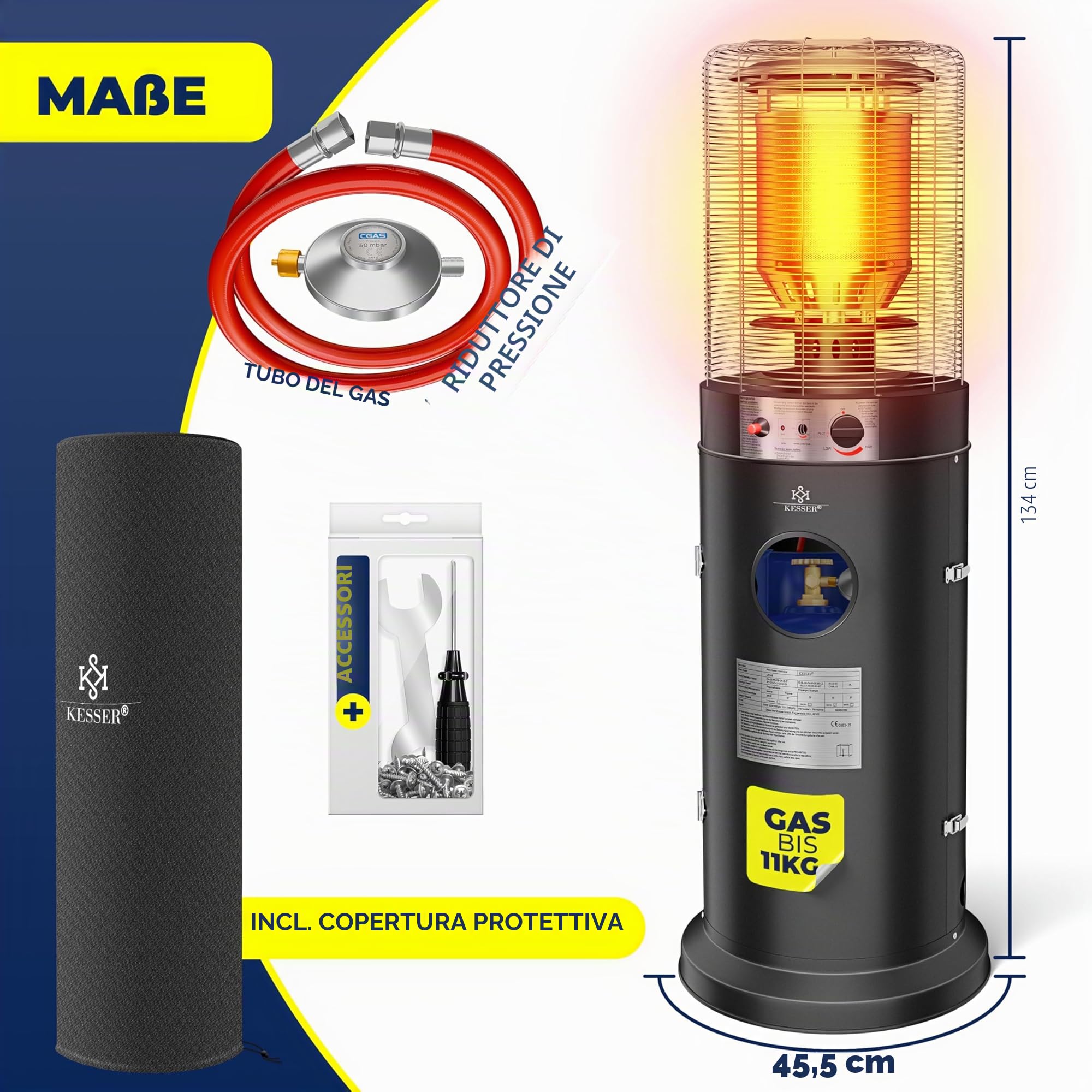 KESSER Riscaldatore radiante a gas Fungo 12,5 kW Stufa da esterno Nero