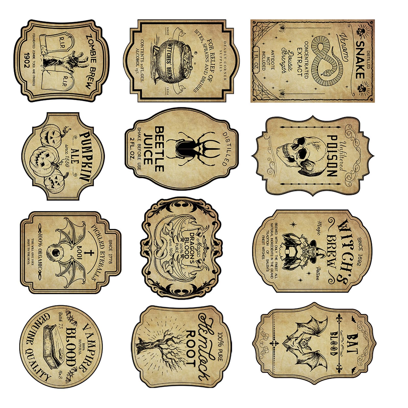 Yhplxyuus 12 Halloween Wine Bottle Decoration Sticker Horror Party Supplies with Spiders Skull Dragon Designs Halloween Sodas Can Labels