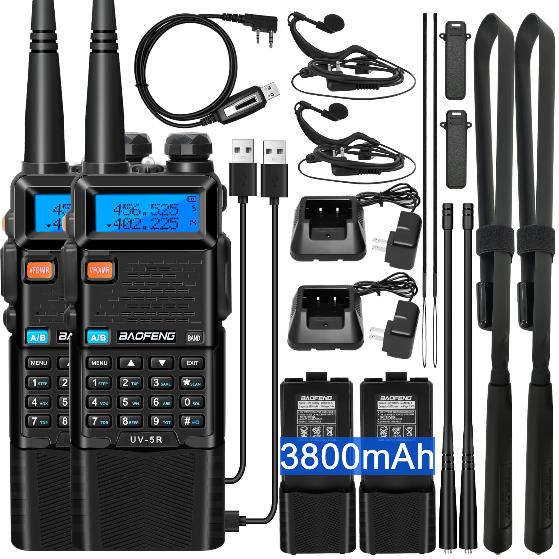 AOFENG UV-5R Ham Radio Handheld: Ham Radios Long Range UV5R Radio 3800mAh Rechargeable Walkie Talkies Two Way Radio, 2 Pack