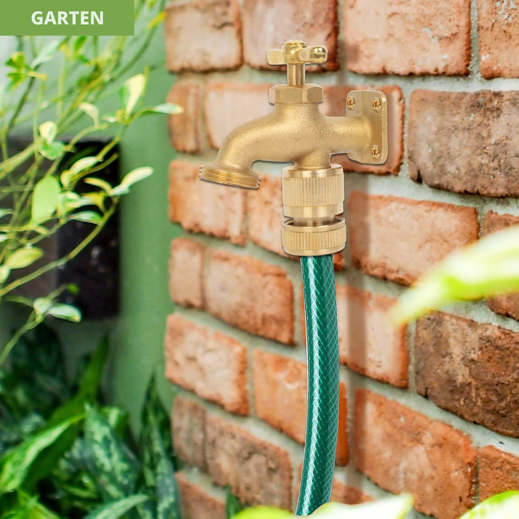 BLOSTM Wasserhahn Garten aus Messing - Wasserhahn Aussen mit Schlauchhahn 1/2 Zoll Schnellverbinder, Schrauben & Dübel - Gardena Schlauch Hahn mit Schlauchanschluss für Schrebergärten & Ställe