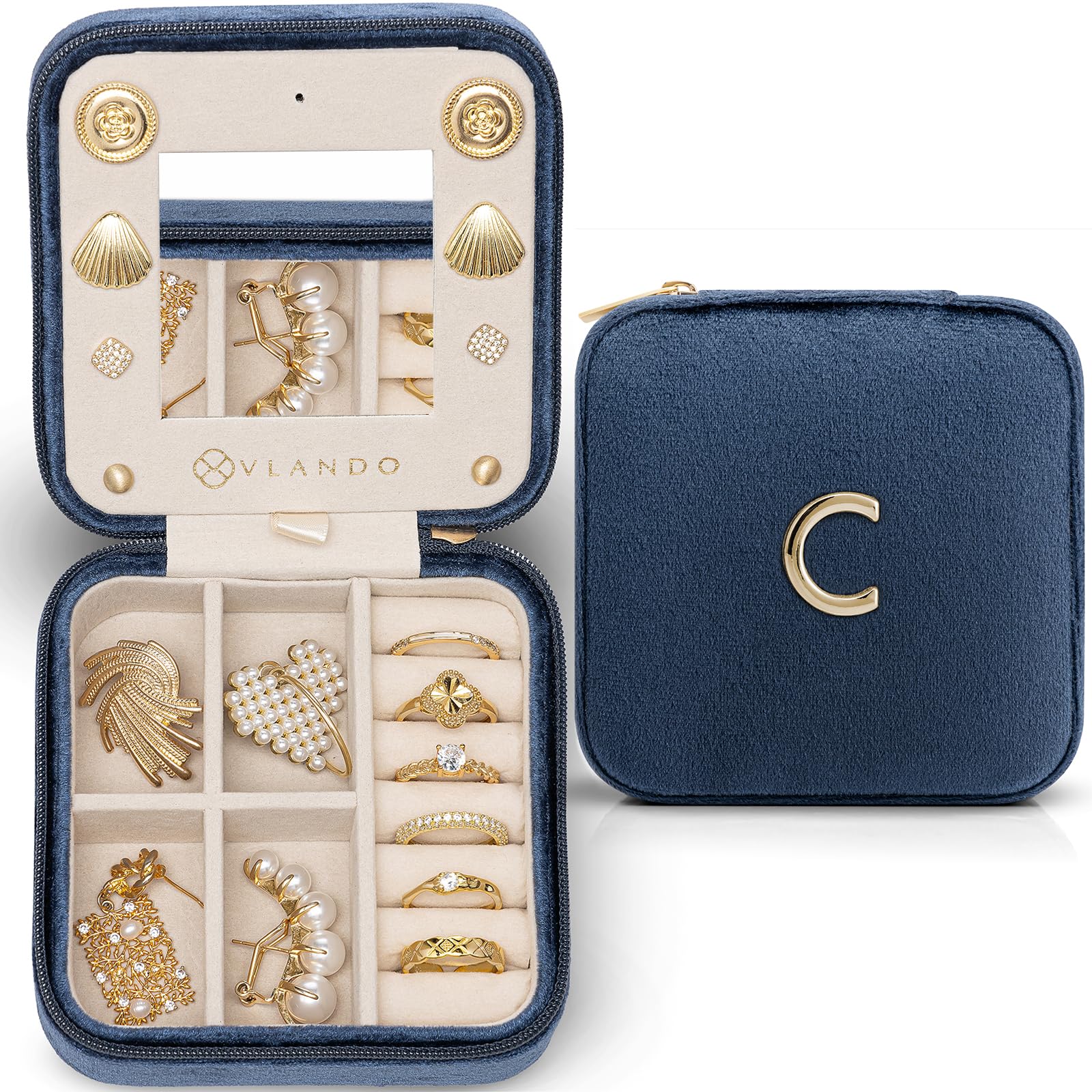 Boîte à bijoux de voyage bleue lettre C organiseur colliers boucles d'oreilles bagues femme