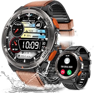 EIGIIS KE5 Military Smart Watch for Men with Flashlight SOS 3ATM Waterproof Watch 530mAh Big Battery 1.45" Rugged Tactical Smartwatch with Compass Elevation Barometer Fitness Watch for iPhone Brown