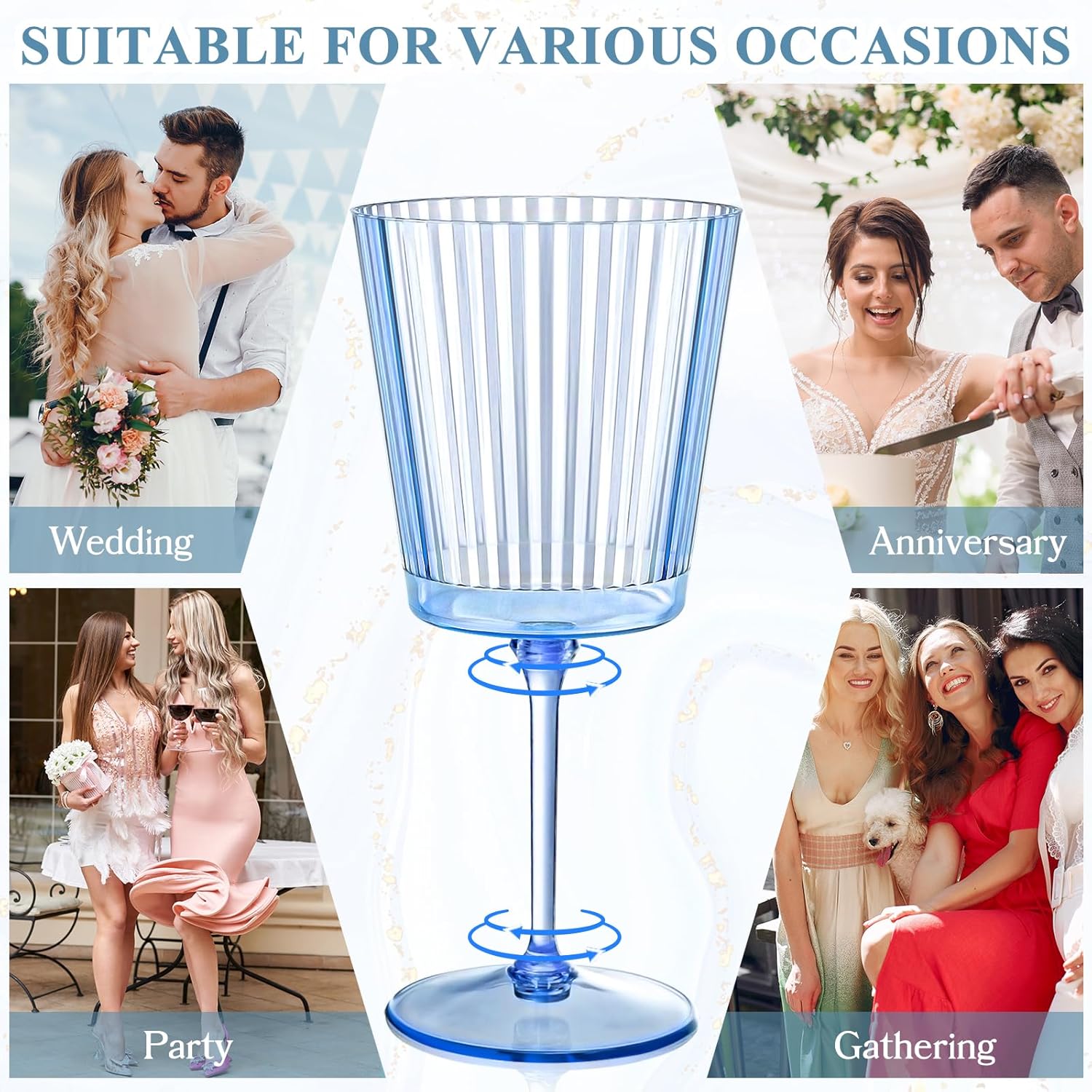 12 PCS Blue Ribbed Plastic Wine Glasses 13.5 OZ Ribbed Wine Glasses Detachable Wine Glass Elegant Fluted Glassware Vintage Style for Wedding Anniversary Birthday Dinner Parties(Blue, 12 Pack) - Image 8