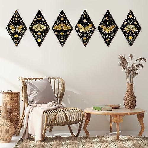 Miniatura 4 de Sintuff 6 Pieces Gothic Wall Decor Boho Sun Moon Phases Wall Art Gothic Minimalist Stars Sun Hanging Wooden Home Decor Farmhouse Pediments for