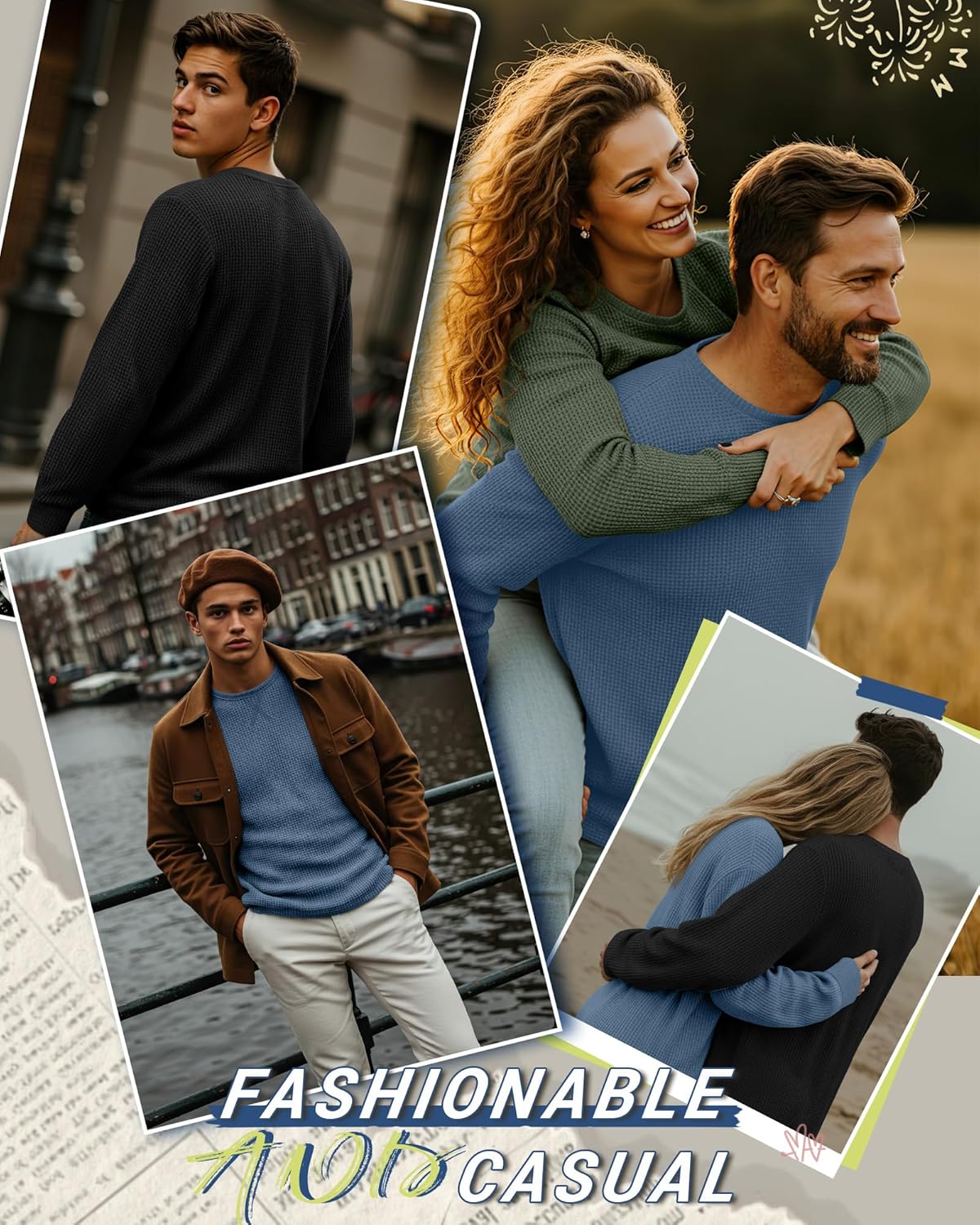 August Alley 3 Pack Men's Waffle Long Sleeve Shirts, Crew Neck Thermal Textured Underwear Tops Lightweight Pullover Sweaters